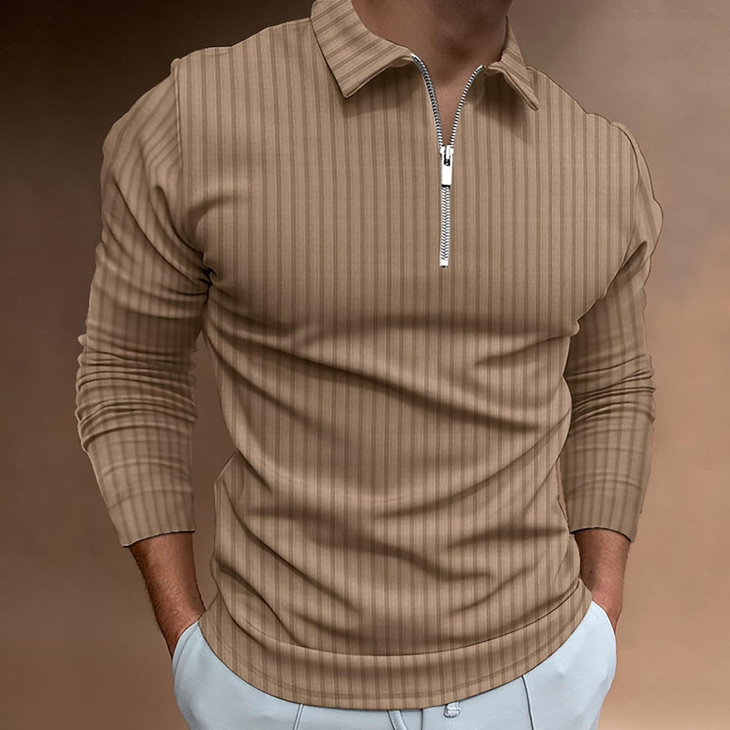 Polo Shirts for Men Golf Shirts Long Sleeve Zip Up Lapel Business Smart Casual Tops Henley V Neck Rugby Dark Khaki XXL - Image 2