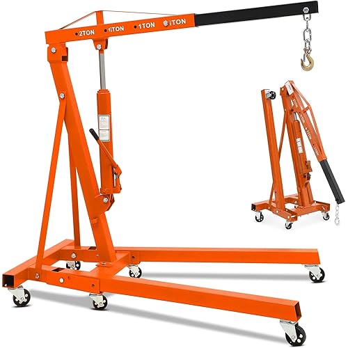 2 Ton Hydraulic Engine Hoist with Lever, Cherry Picker Engine Hoist, 4400LBS Foldable Garage Crane Lifter w/Telescopic Boom & 6 Swivel Casters for Workshop, Warehouse, Auto Repair