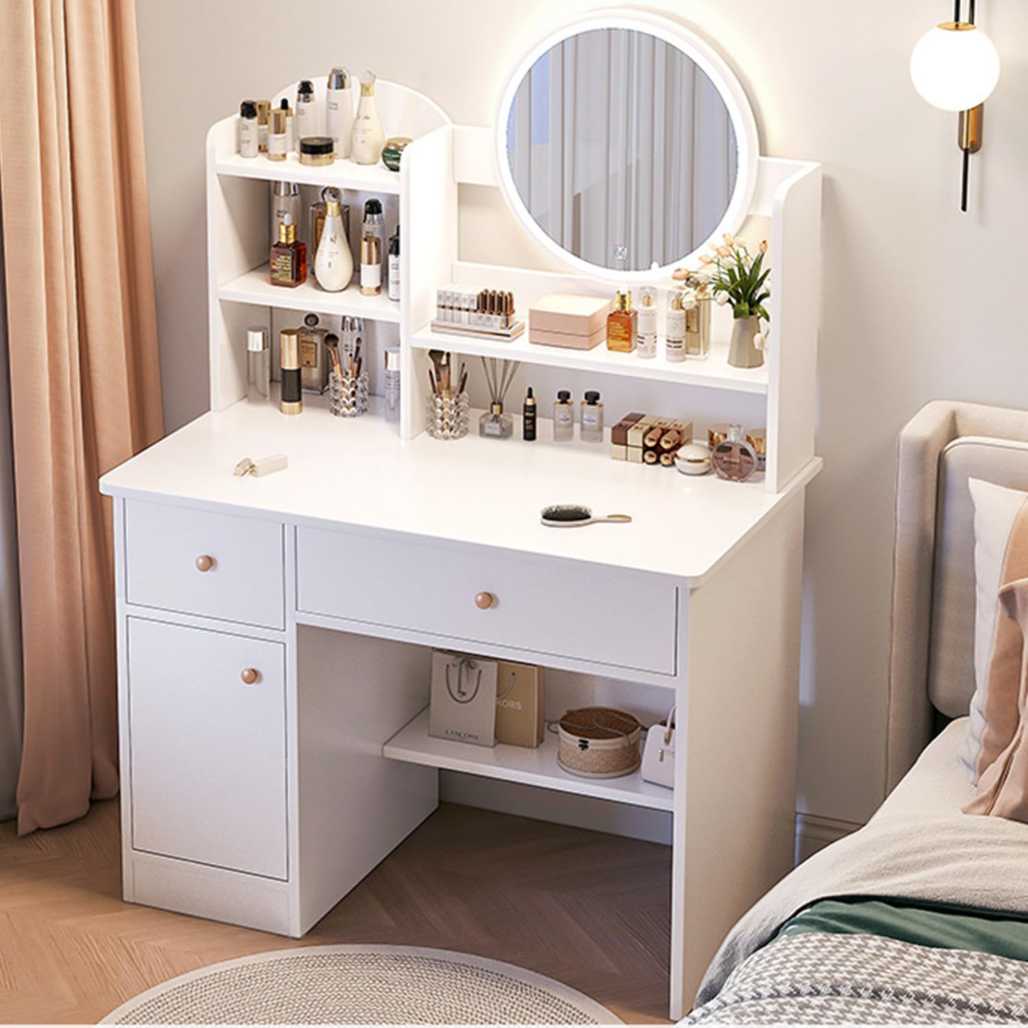 Dressing Table,Makeup Table with Drawers,Vanity Desk with Mirror and led Lights,Makeup Vanity Desk,Multifunctional Makeup Writing Desk for Bedroom (White)
