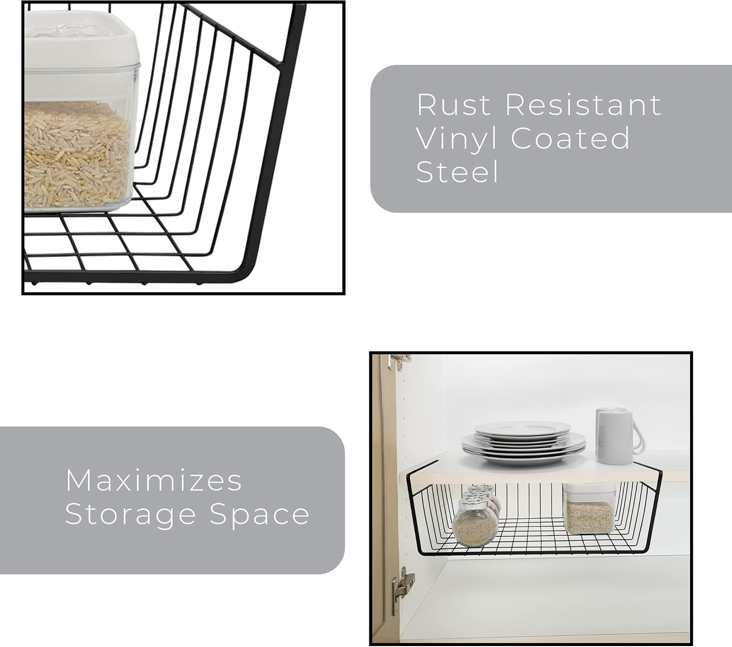 Smart Design Undershelf Storage Basket - Medium - Snug Fit Arms - Steel Metal Wire - Rust Resistant - Under Shelves, Cabinet, Pantry, and Shelf Organization - 16 x 5.5 Inch - Black