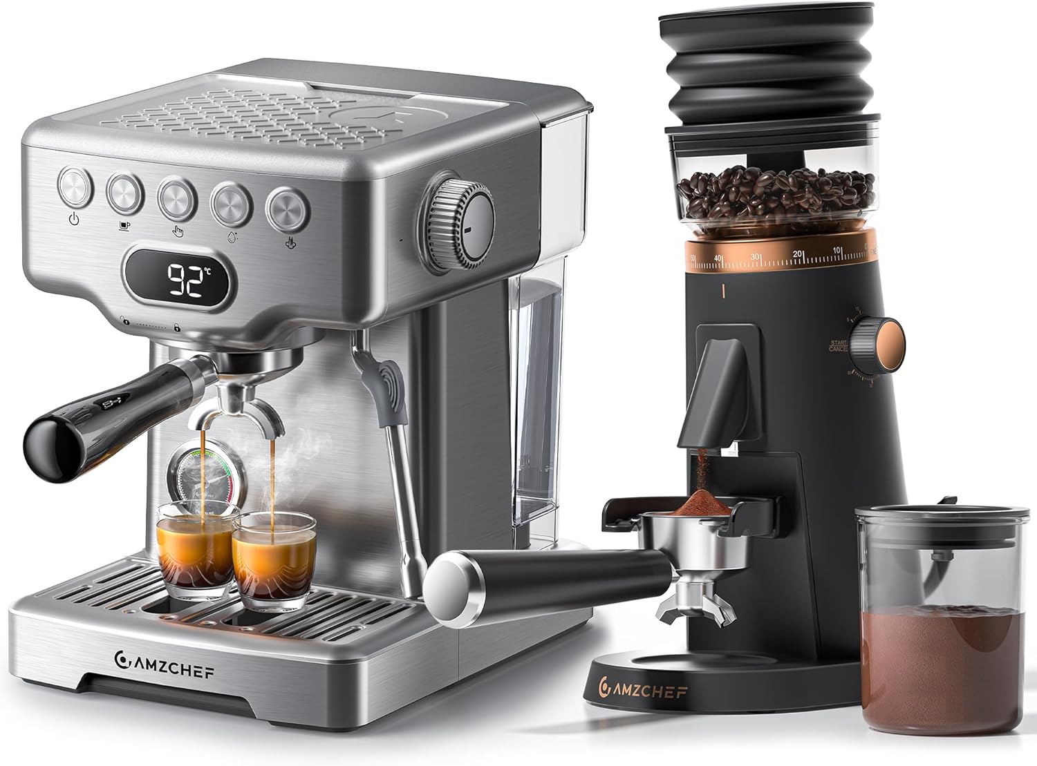 AMZCHEF Espresso Machine & Single Dose Grinder Bundle – 58mm Professional PID Machine with 75-Setting Conical Burr Grinder, Anti-Static, Low Retention, for Home Barista