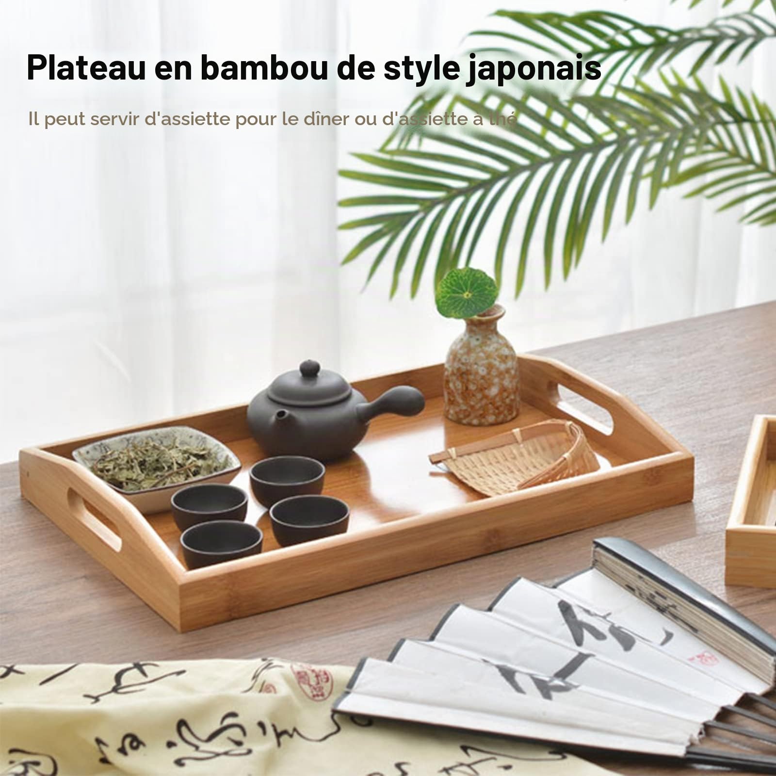 3pcs Grand Plateaux de Service en Bambou, Plateau Repas Rectangle avec Poignées, Plateau Petit-Déjeuner Service pour Vaisselle, Boissons, Réception de Fête