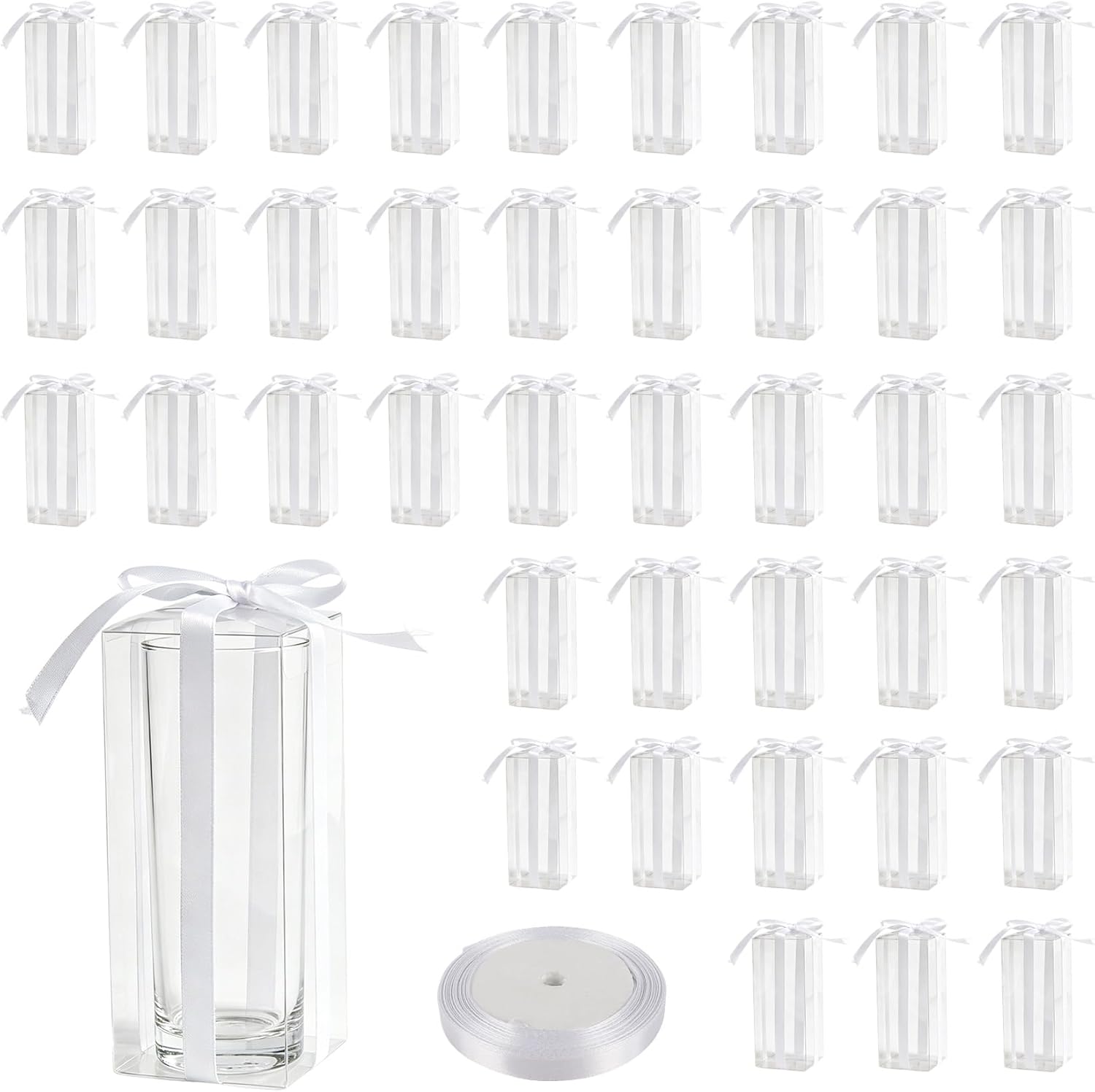Klmnop 40 Pack Shot Glass Gift Box with Ribbon, 1.97x1.97x4.72 Inch Clear Favor Boxes for Wedding, Bachelorette Party, Bridal Shower, Holds 2oz Shot Glasses(Glasses Not Included)