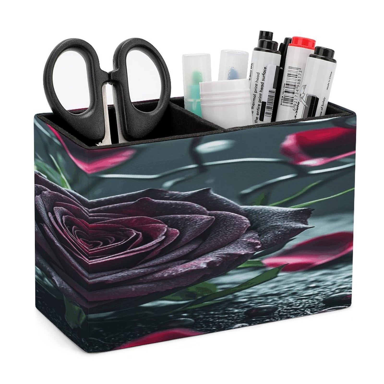 VstaDank Rose Pencil Holder for Desk Organizer 2 Compartments Pen Cup Leather Square Pen Holder Pencil Cup Stand Makeup Brush Holders for Desktop Organizer Storage Case