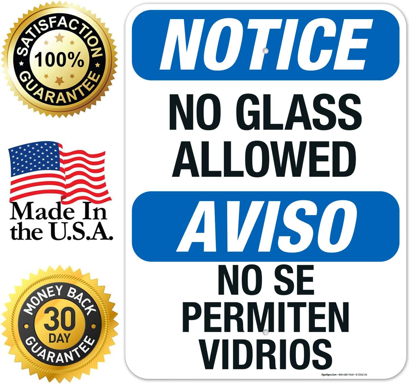Notice No Glass Allowed Pool Sign, Bilingual Spanish English, 18x24 Inches, Rust Free .063 Aluminum, Fade Resistant, Easy Mounting, Indoor/Outdoor Use, Made in USA