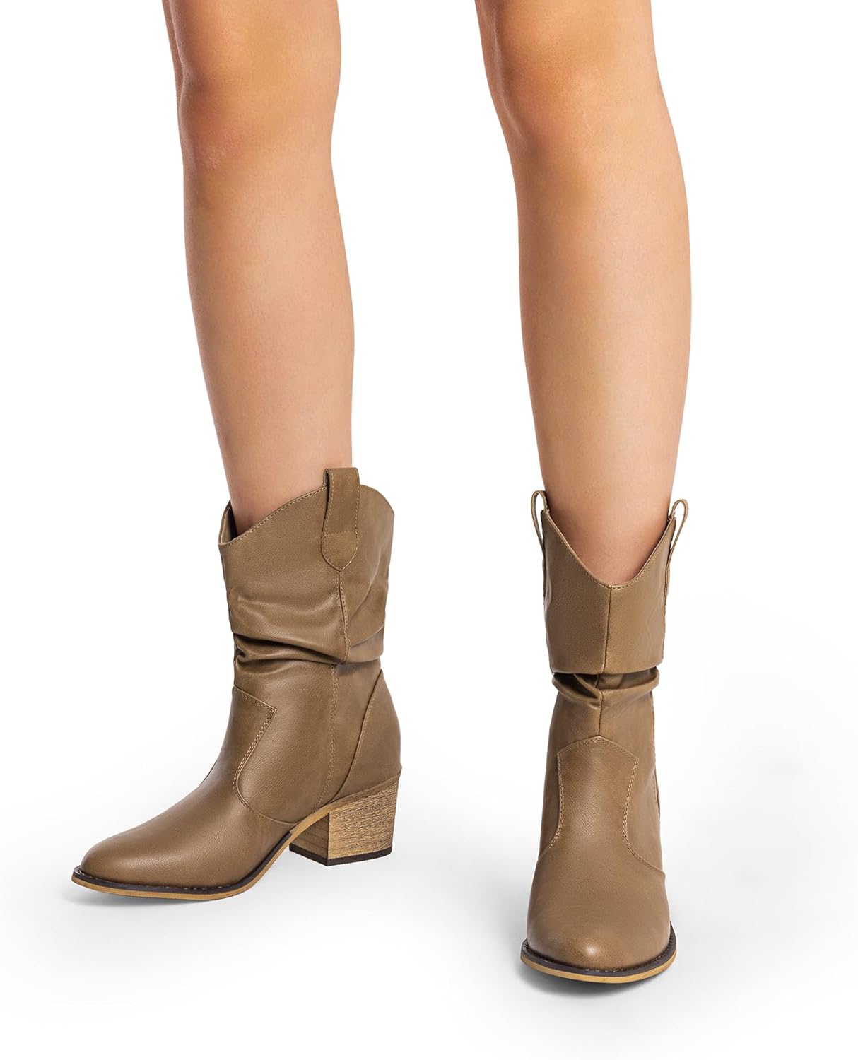 DREAM PAIRS Women's Modern Western Cowboy Boots, Mid Calf Round toe Chunky Heel Cowgirl Country Ankle Boots with Pull On Tabs 8 Mocha image 5 of 7 B0D5CXLK9K