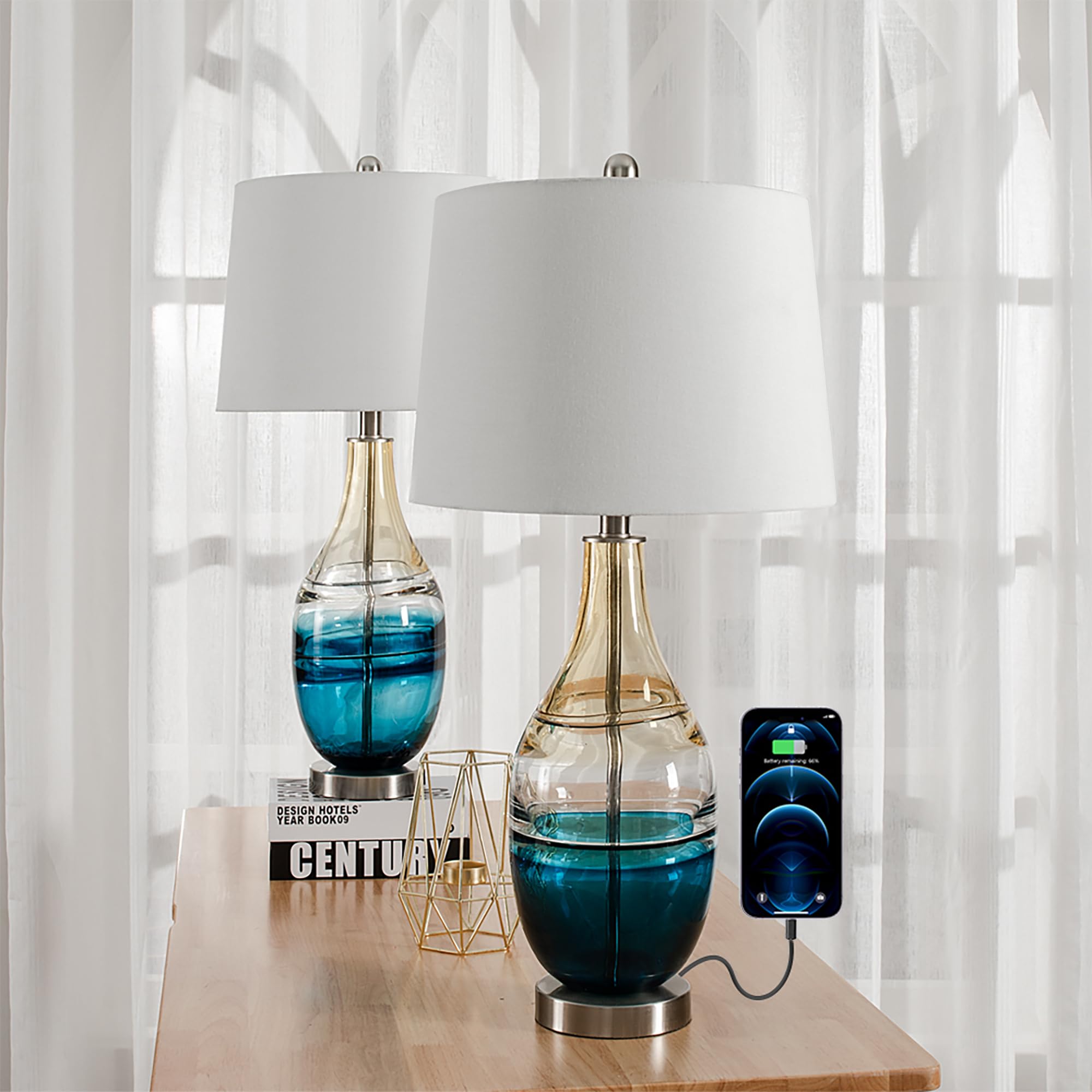 Maxax 27" Coastal Glass Table Lamps Set of 2 for Living Room, Modern Blue Bedside Lamps with USB Port 3-Way Dimmable Glass Brdeoom Lamps for Night Stand