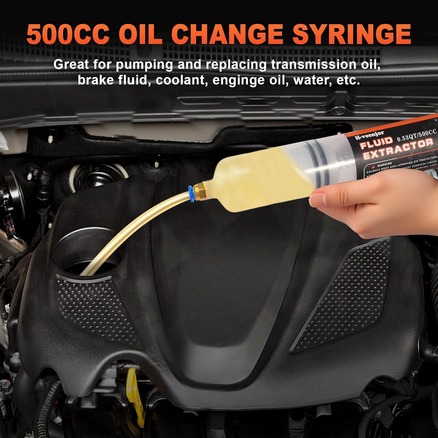 H-veenjor 500 CC Automotive Fluid Extractor Pump, Oil Change Syringe with Extra 32" Soft Hose & Two 9" Tubes, Manual Extraction and Fill Pump, Fluid Oil Change Evacuator with Powerful Suction (500 CC)