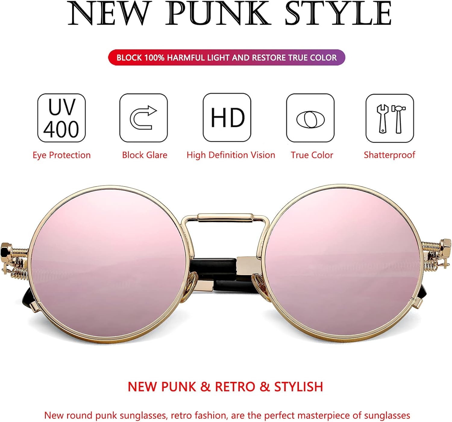 AIEYEZO Round Steampunk Sunglasses Trendy Retro Circle Glasses Gothic Metal Frame 100% UV Blocking Lens - Image 3