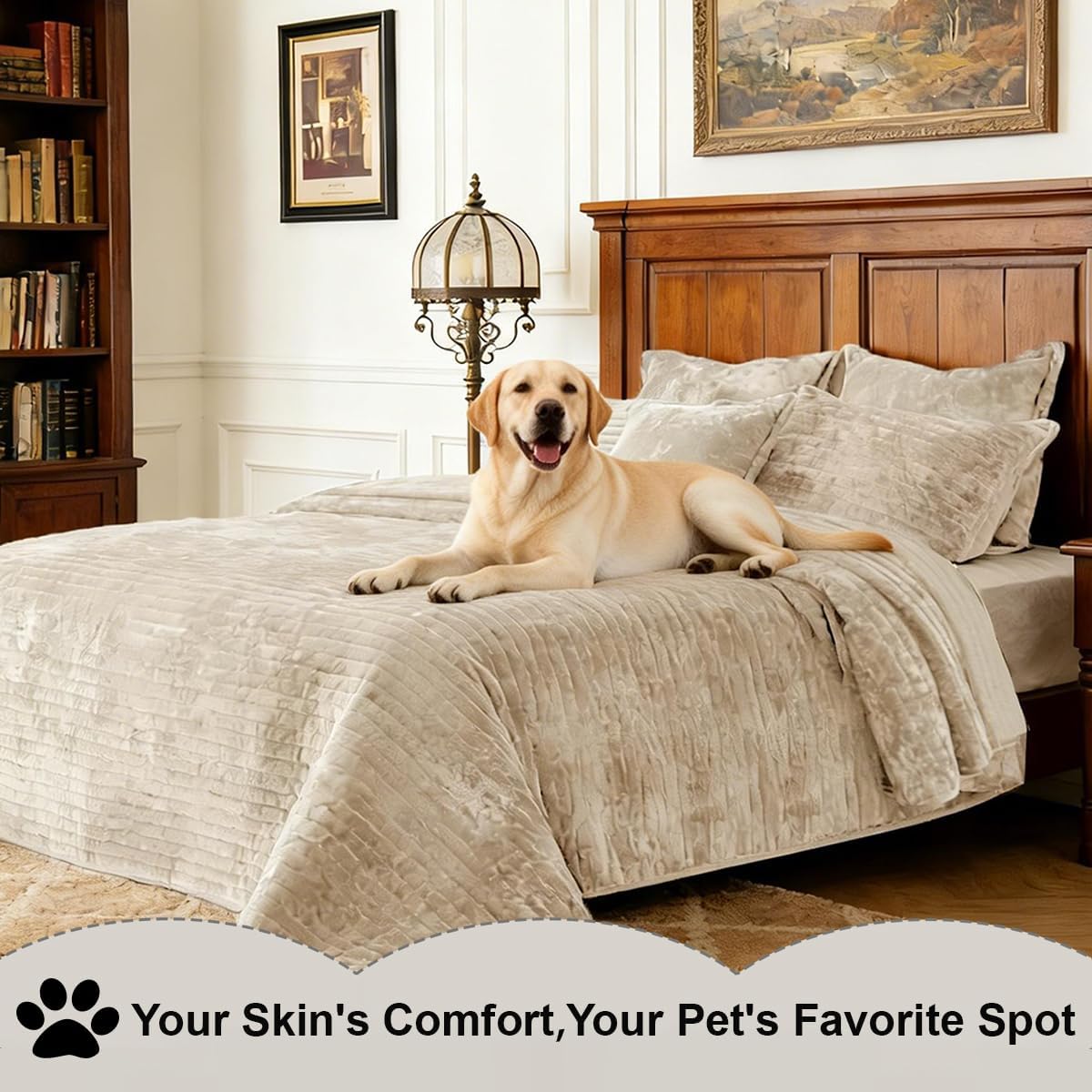 Quilt Set Oversized King Size 120x128 Luxurious Velvet Bedding Sets with 2 Pillow Shams 20x36 3 Pieces Ultra Soft Quilted Striped Bedspread Coverlet Comforter for All Season,Beige - Image 3