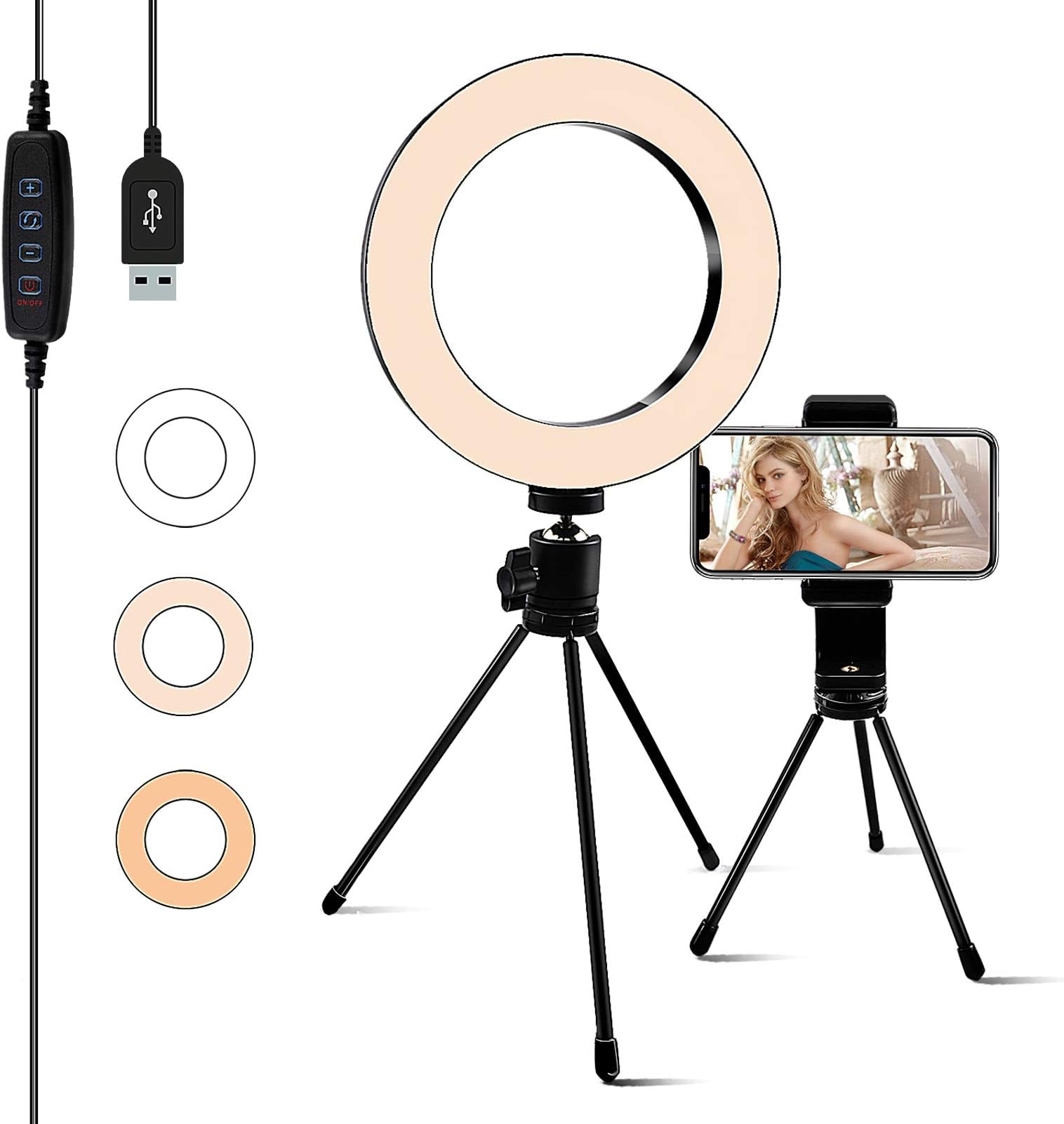 Selfie Ring Light 6.3-inch with Stand & Phone Holder, 3 Light Settings Dimmable Desktop LED Camera Lights for Recording Video Conferencing, Makeup, YouTube, Live Streaming