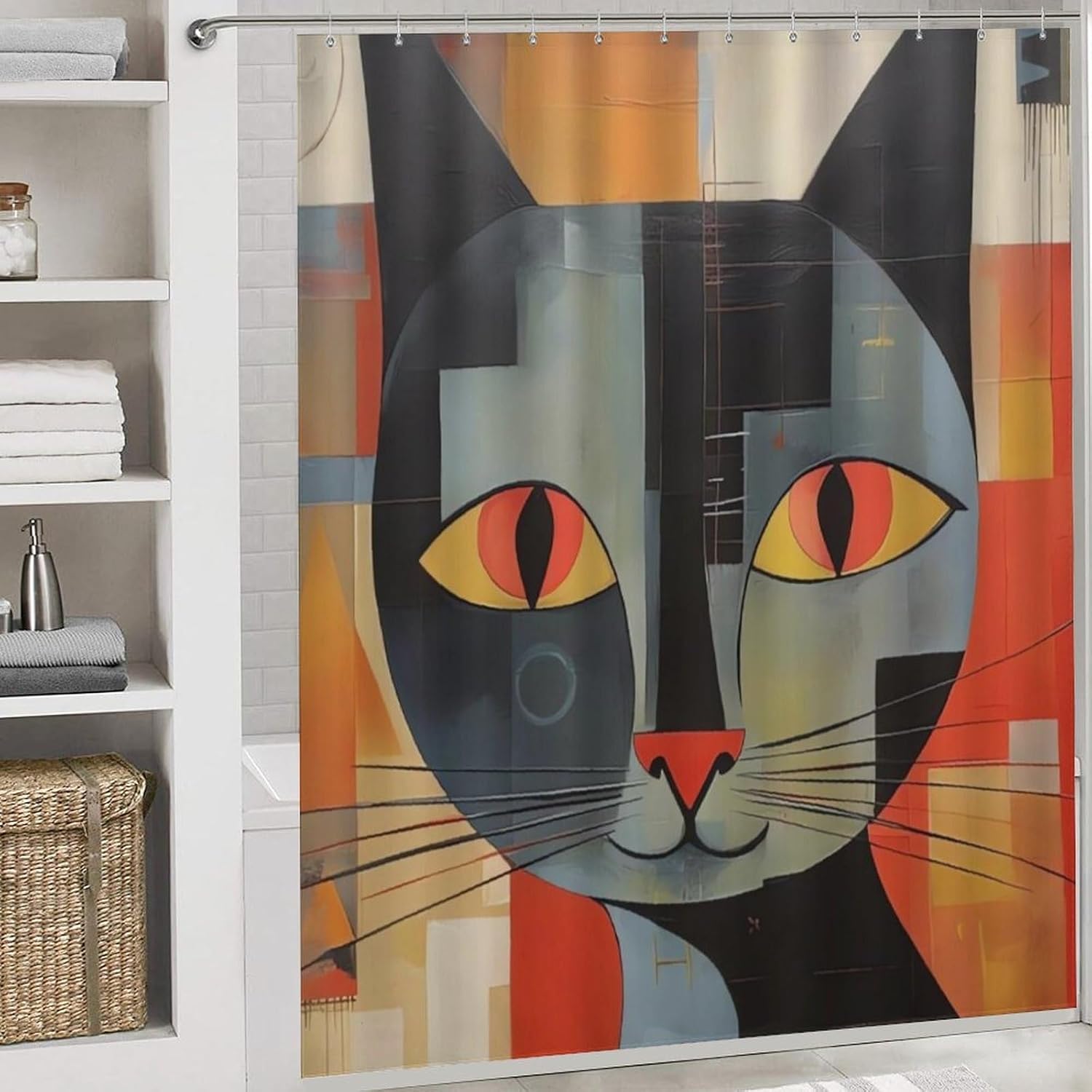 Orange Red Eyes Cat Shower Curtain Set 4 Piece, Non-Slip Bath Mat with Toilet Lid Cover and Waterproof Shower Curtain with 12 Hooks, Complete Bathroom Set for Home Decor