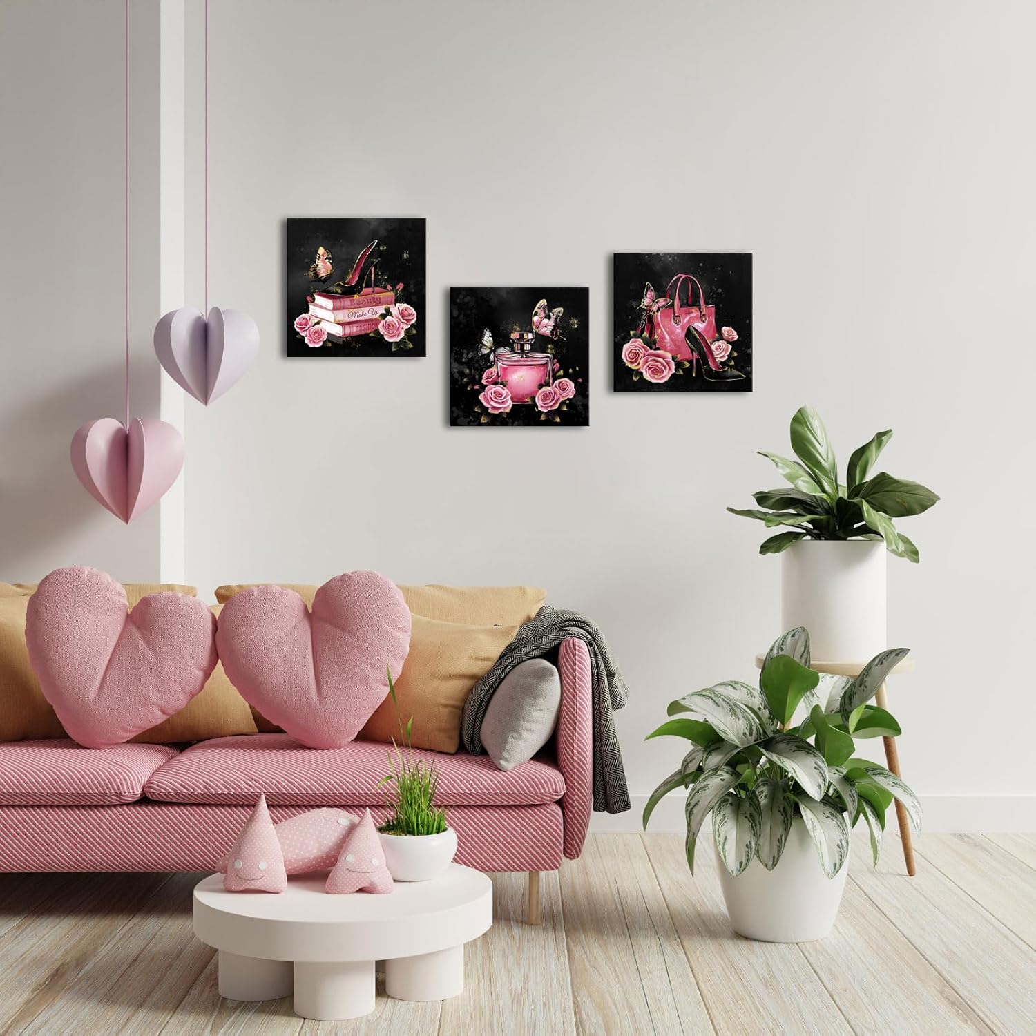 OuElegent Pink and Black Canvas Wall Art Fashion Wall Decor Handbag Perfume Pictures Fashion Paintings for Women, Set of 3, 12 x 12 in (Pink)