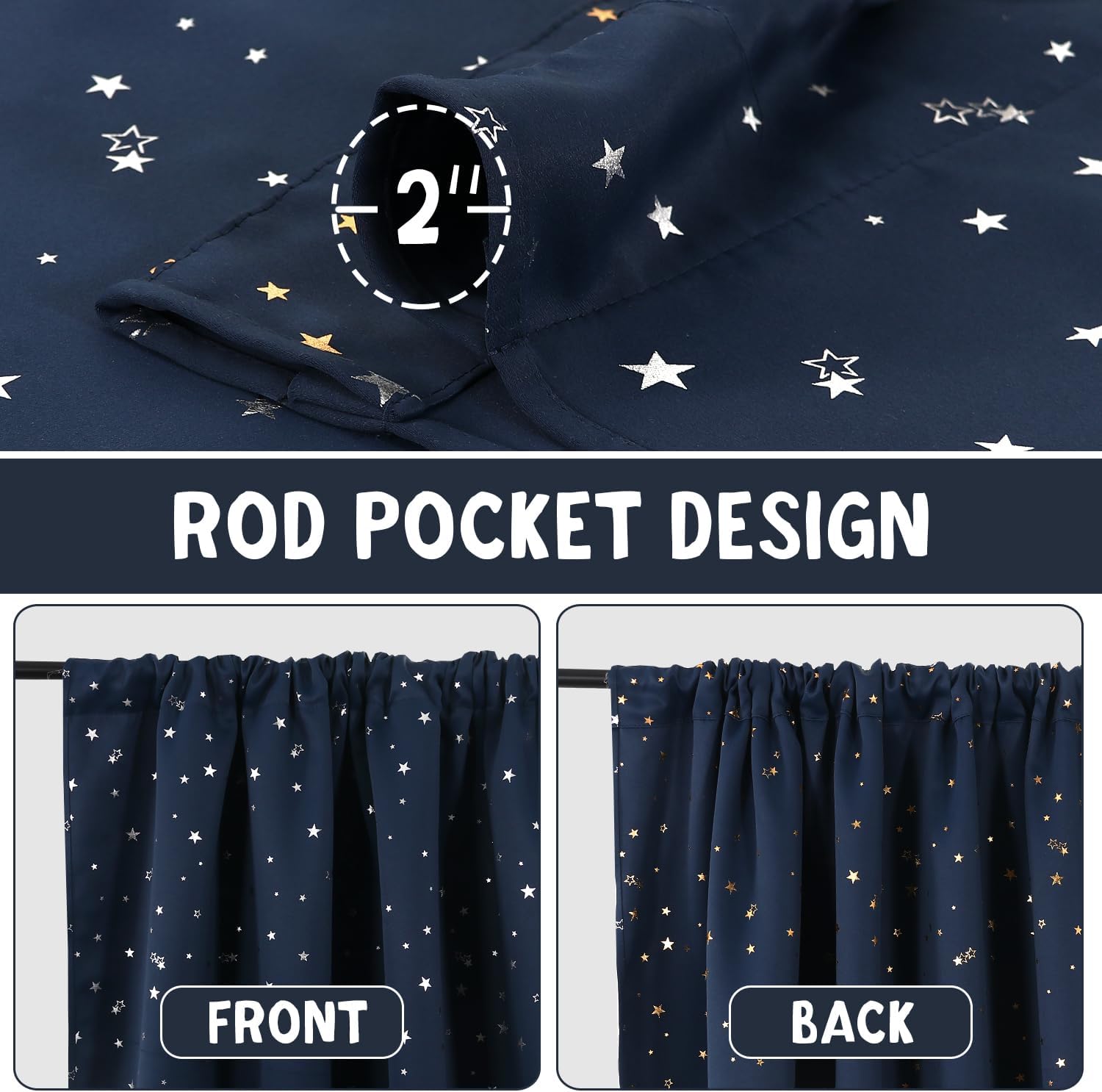 PrinceDeco 100% Blackout Star Curtains for Kids Room Reversible Use Twinkle Silver Stars Cute Drapes for Nursery Thick Soft Curtain Drapes Window Treatment 2 Panels(52 x 84 Inch, Navy Blue)