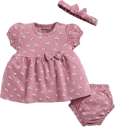 Smart Baby Baby Girl Dress with Bloomer and Head Band | Interlock Cotton | Soft, Lightweight &amp; Comfortable Outfit for 0-12...
