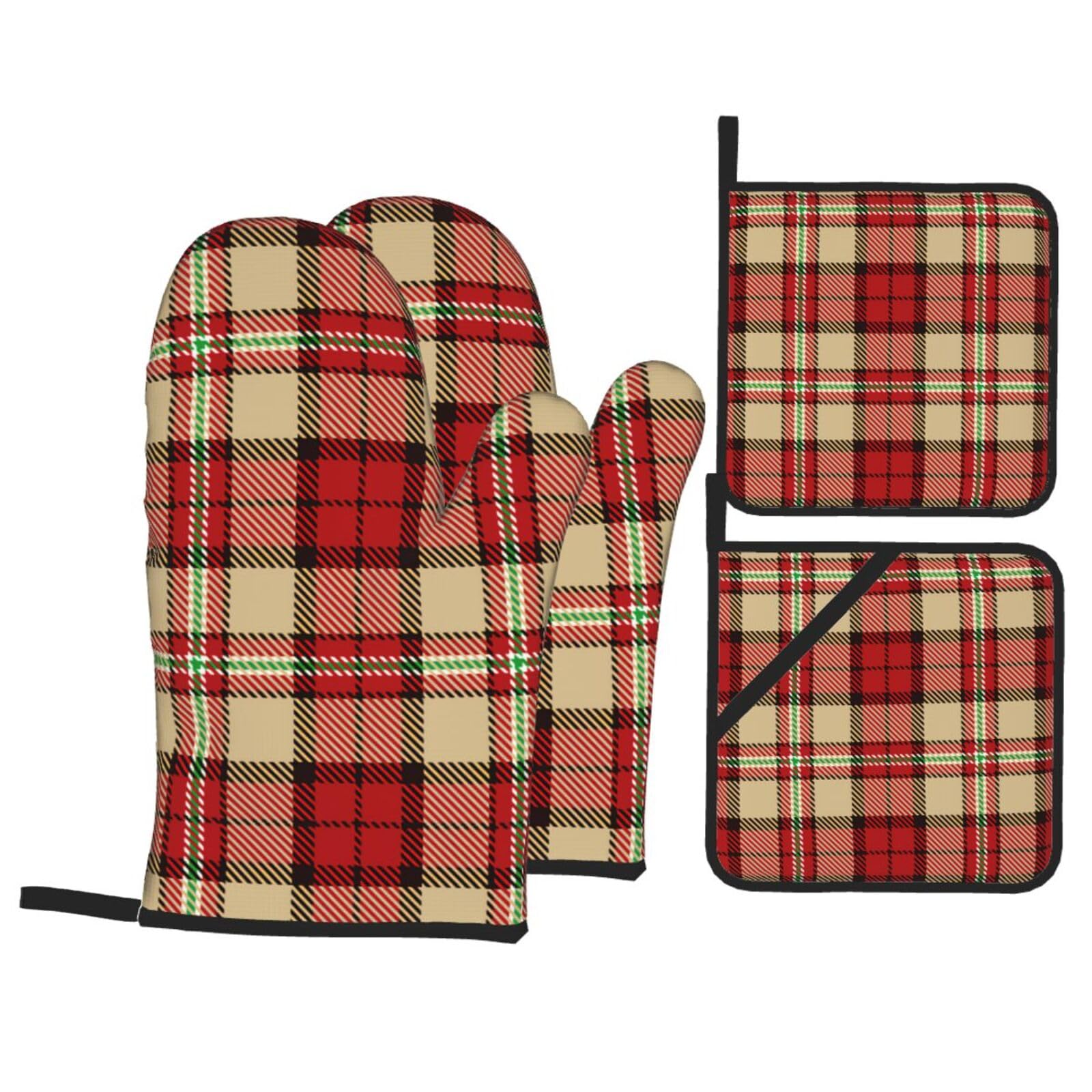 Tartan Red Black Green Beige and White Plaid Tartan Flannel Heat Resistant Oven Mitts and Pot Holders Set of 4 Protection Utensil Pocket for Grilling Baking Cooking