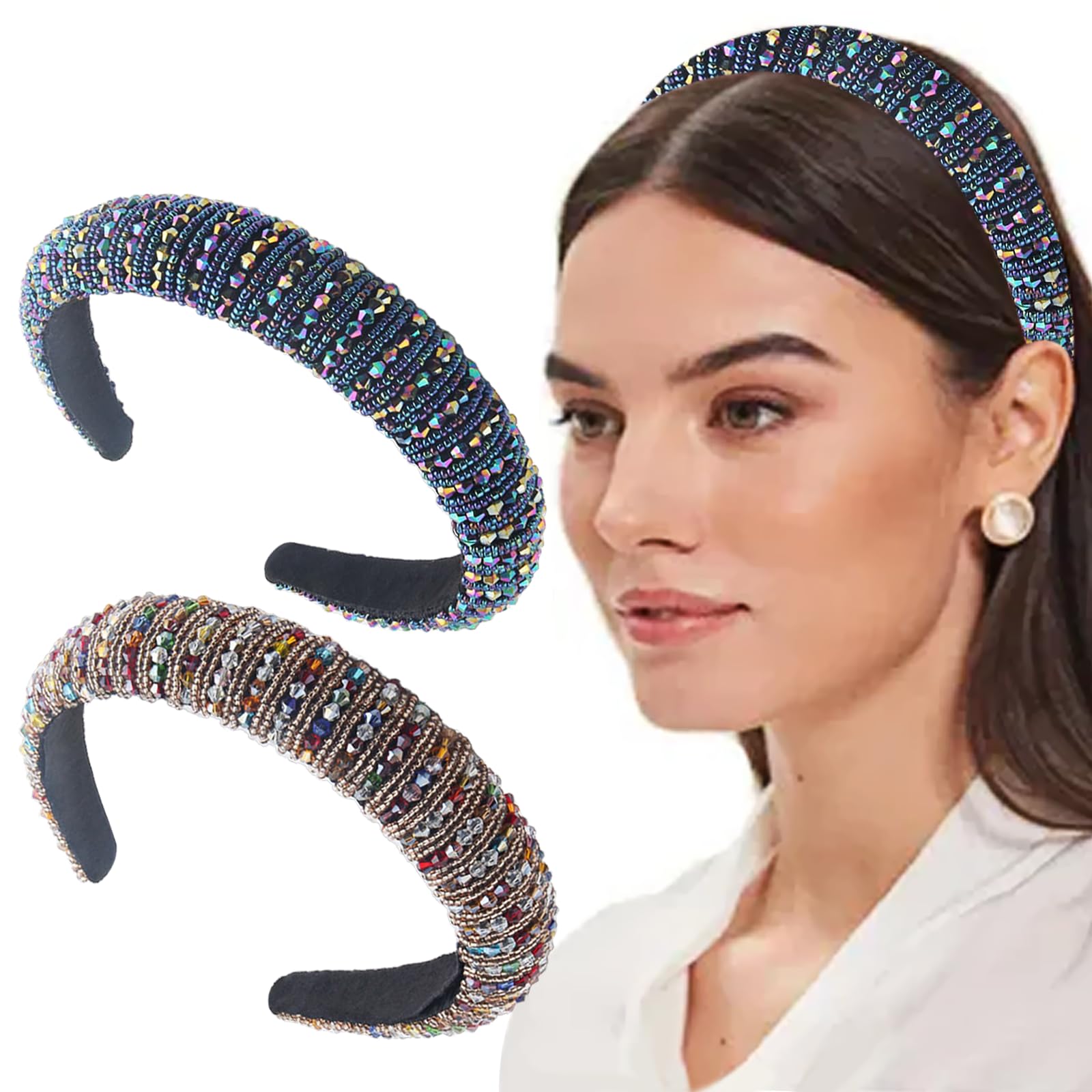 TAIZER 2 Piezas Diamantes para Boda Banda Ancha el Cabello Acolchado de Barroco Tocado Diadema de Cristal Banda Para el Cabello de Boda Diadema Ancha Acolchada Diadema Ancha Acolchada