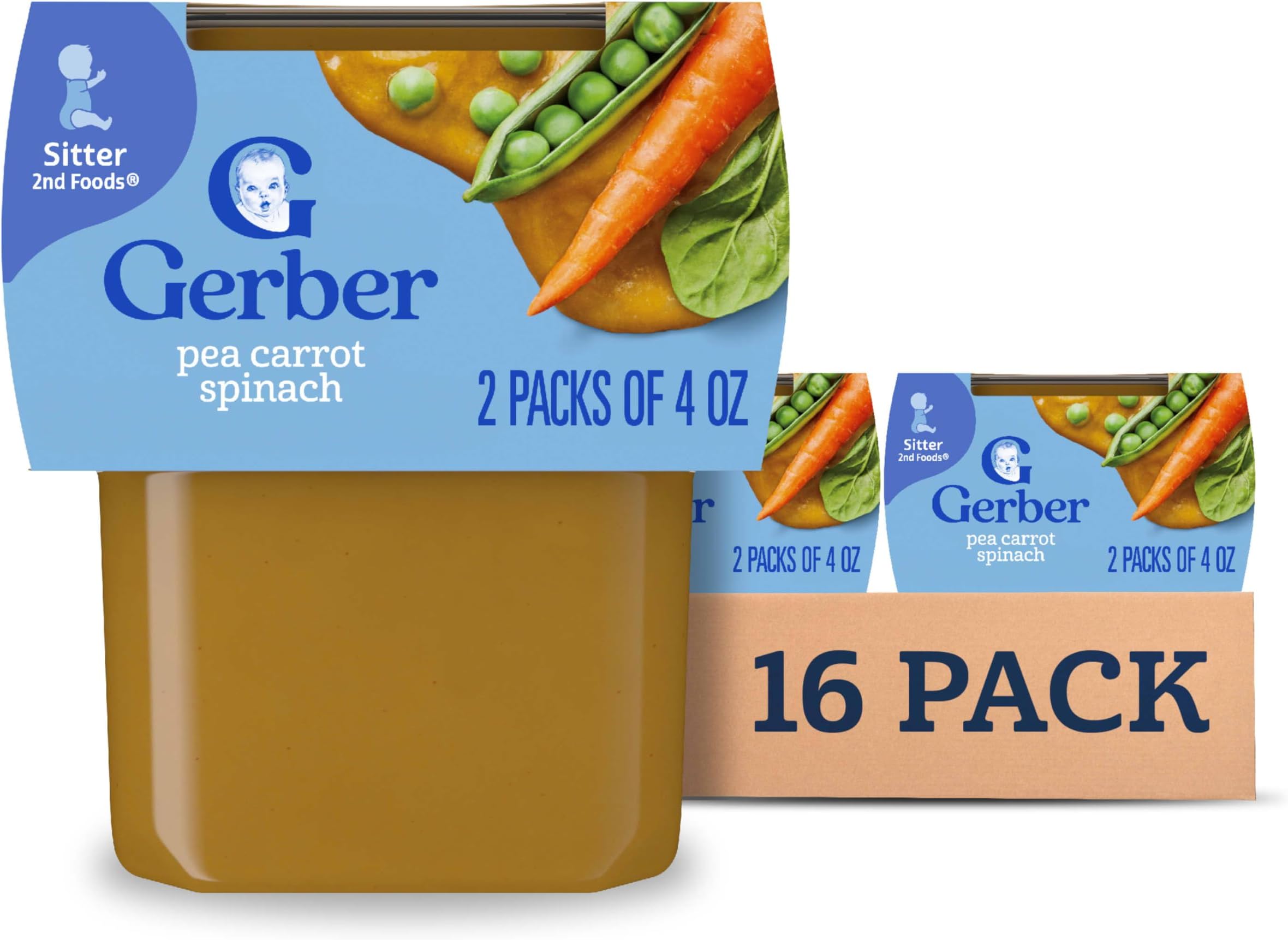 Gerber Stage 2 Baby Food, Pea Carrot Spinach Puree Tubs, Baby Puree, 16PK