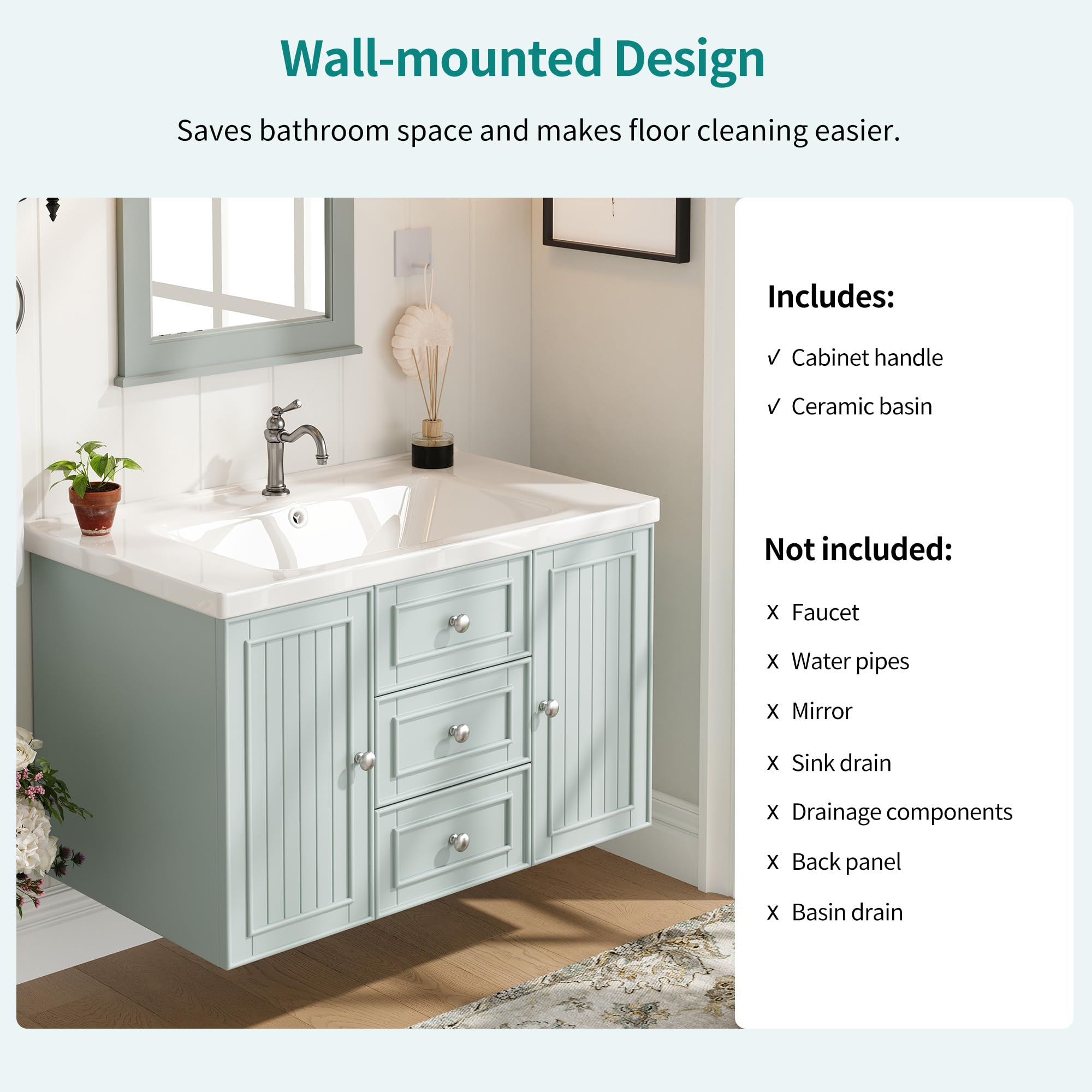 Mueble Baño de Pared con Lavabo y Almacenaje, Muebles de Baño con 3 Cajones y 1 Puerta, Lavabo con Mueble, Muebles Auxiliares Armario de Baño, 81x46x50.3 cm, Verde