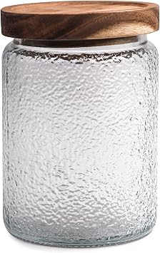 TOSSOW Vintage Glass Storage Jar, 24oz Food Containers with Wooden Lid,1Pack Hammered Texture Canister, Airtight Glass Jars for Candy, Cookie, Sugar, Nuts, Coffee bean Hammered Texture+Round