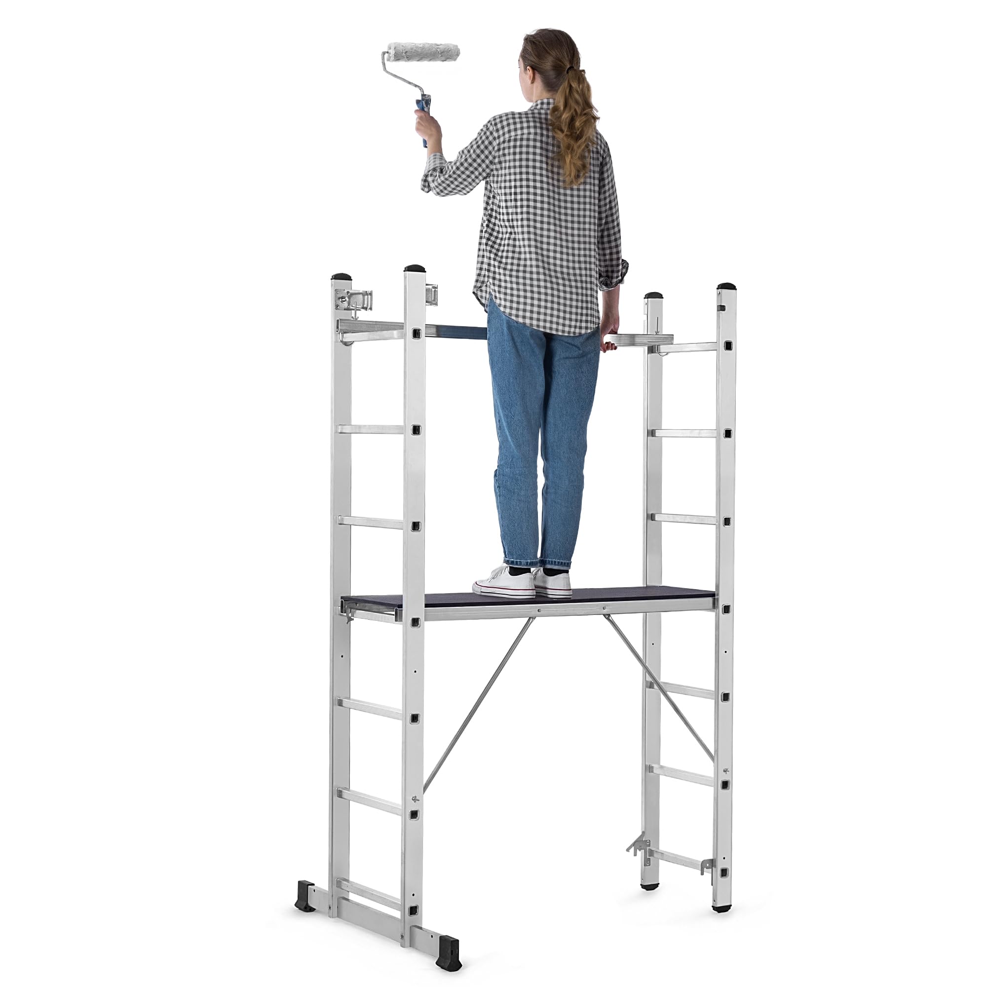 KADAX Rusztowanie aluminiowe wielofunkcyjne z platformą 114x187 cm, 14-szczeblowe, antypoślizgowe stopki, do prac budowlanych i remontowych