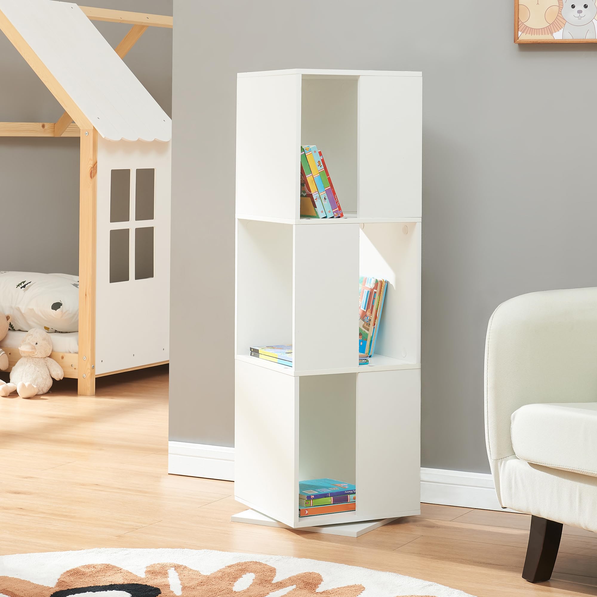 [en.casa] Libreria Girevole per Cameretta Scaffale Rotante per Bambini a 3 Livelli Mobile Espositore Porta Libri con Scomparti 109 x 34 x 34 cm - Bianco