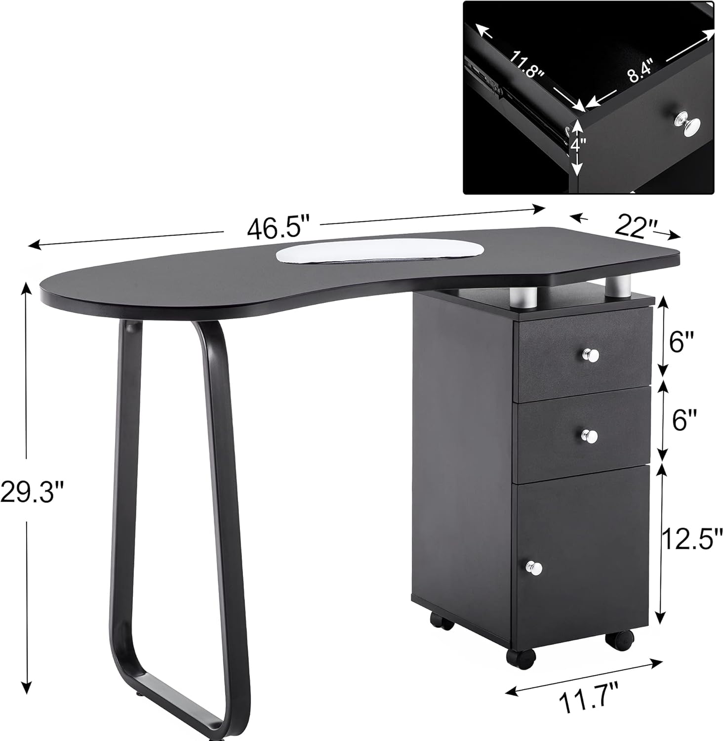 Black Ergonomic Manicure Table with Drawers and Wheels