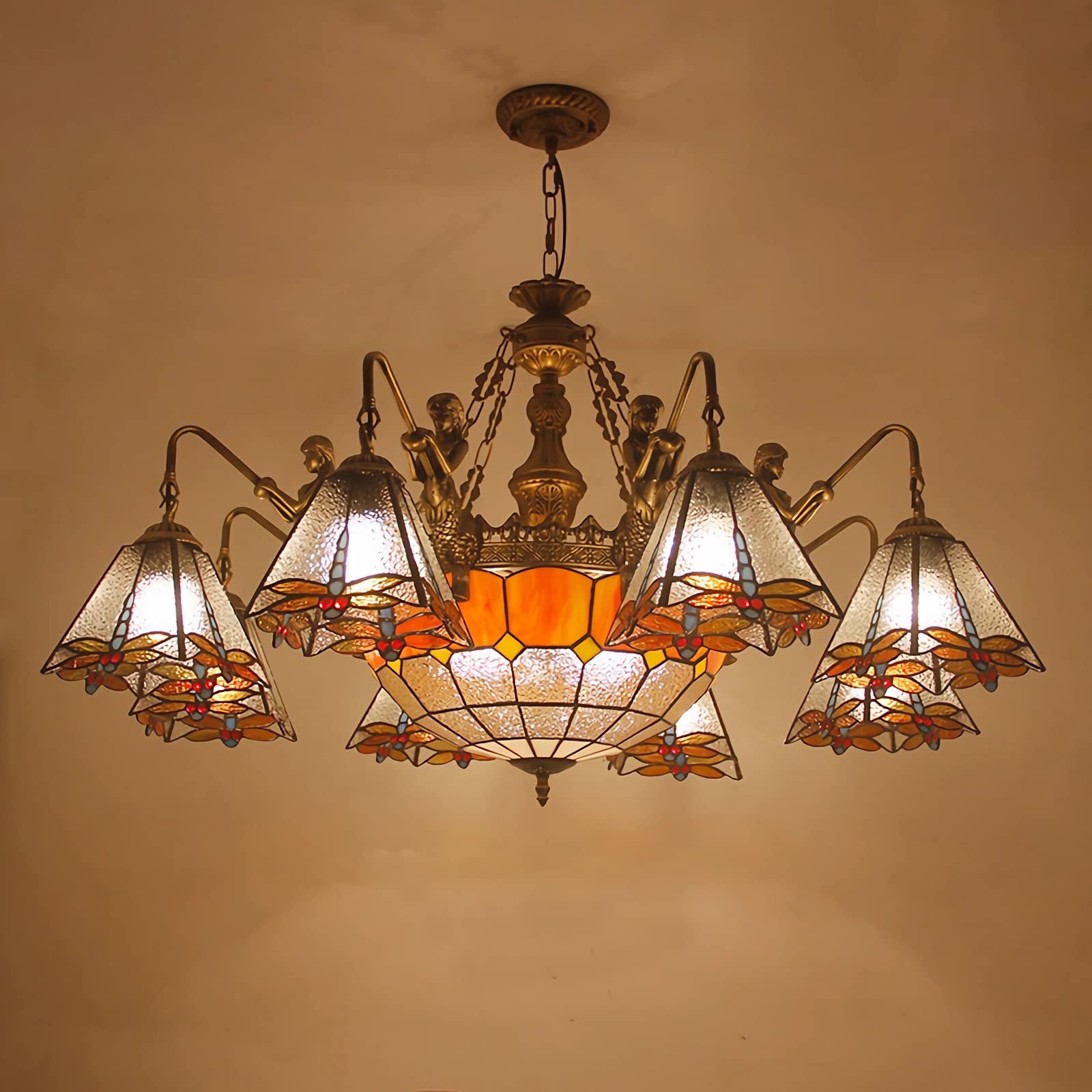 YNIYUJKL Tiffany-Style Large Chandeliers, Dragonfly Stained Glass Ceiling Pendant Light Fixtures For Living Room Bedroom Kitchen Hallway, E27 Bulb, Max40W,8 Lights