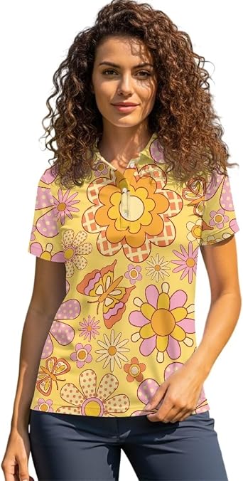 ZOUTAIRONG Womens Golf Shirts Short Sleeve Tops Button Down Floral V Neck Tennis Shirt Quick Dry Athletic Top