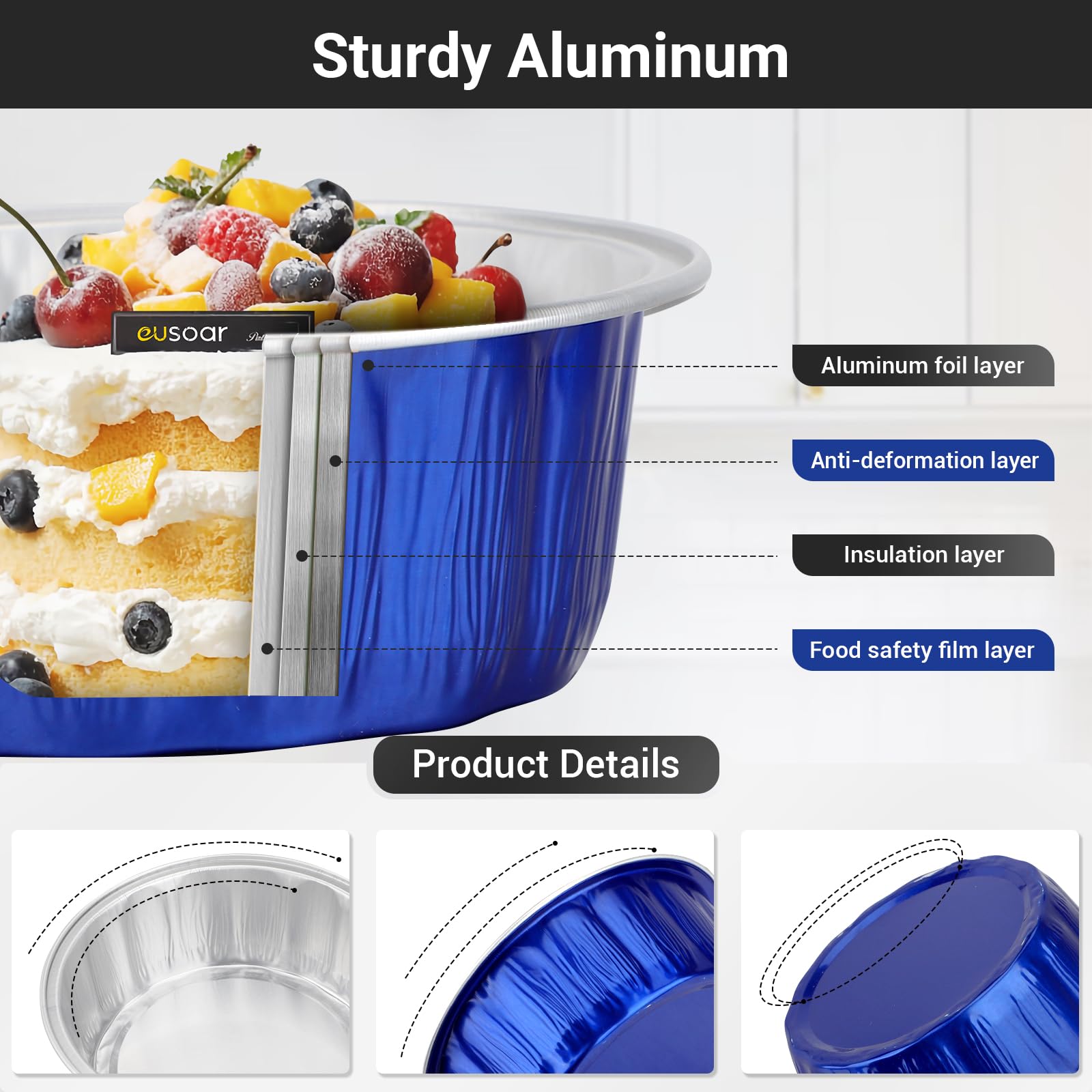 EUSOAR Contenitori per il trasporto di torte, 100 pezzi, 255 g, blu scuro, stampi per torte con coperchio, pirottini usa e getta con coperchio, per cupcake, pane, budini, rotondi, per matrimoni,