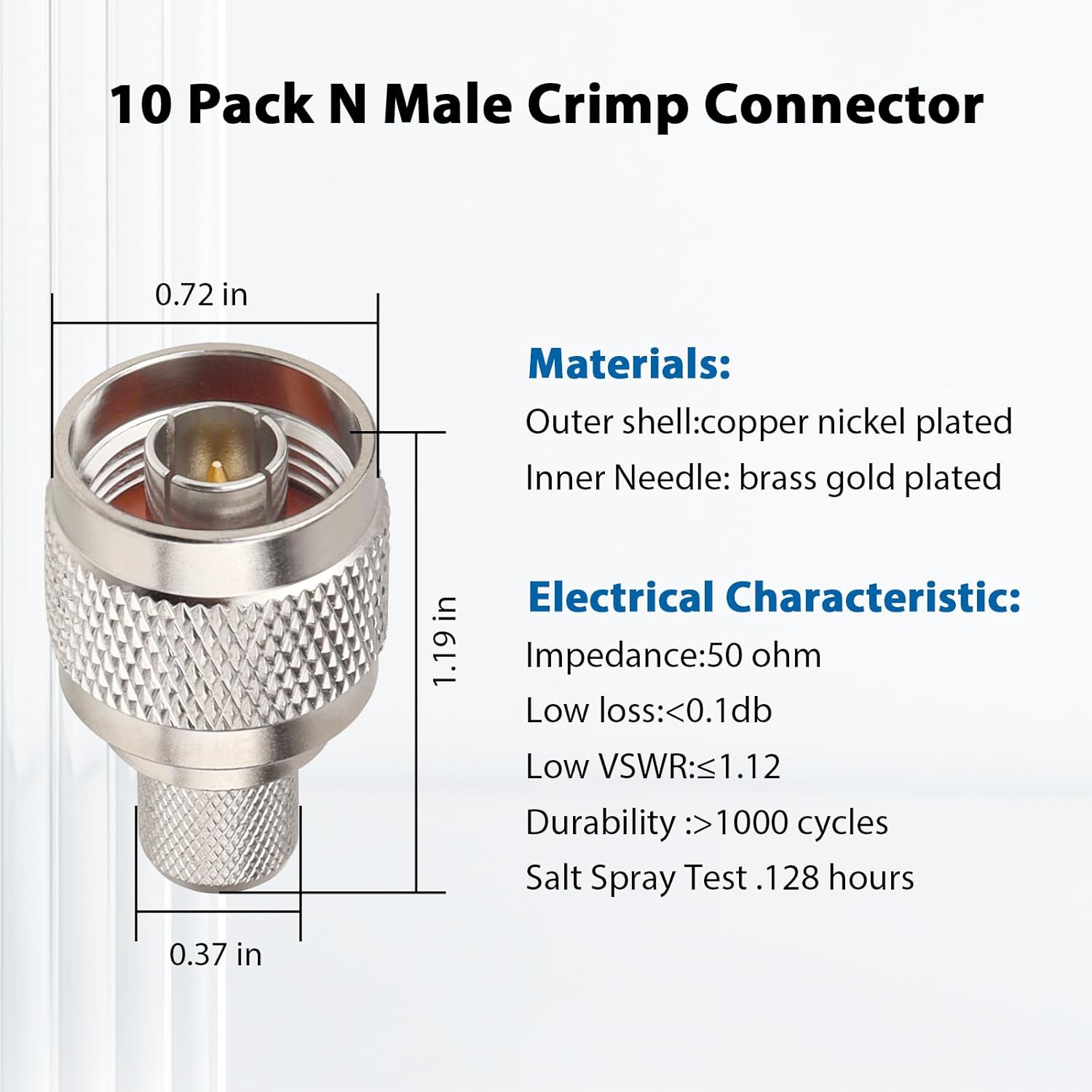N Male Crimp Connector 50 ohm N Male Plug Crimp Coax Connector Adapter for LMR400 RG8 RG8U RG213 Cable (Pack of 10)