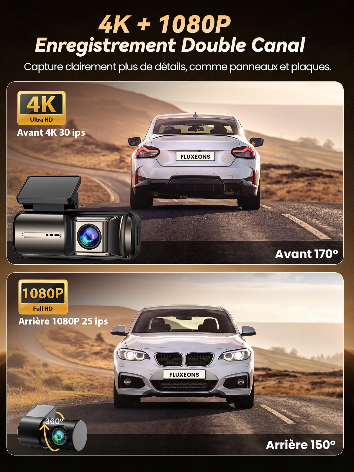 Dashcam Voiture Avant Arriere 4K +1080P, Contrôle APP avec Wi-FI 5G, Carte 64 Go, Moniteur de Stationnement 24H, WDR, Vision Nocturne, G-Sensor, Grand Angle de 170° (X3)