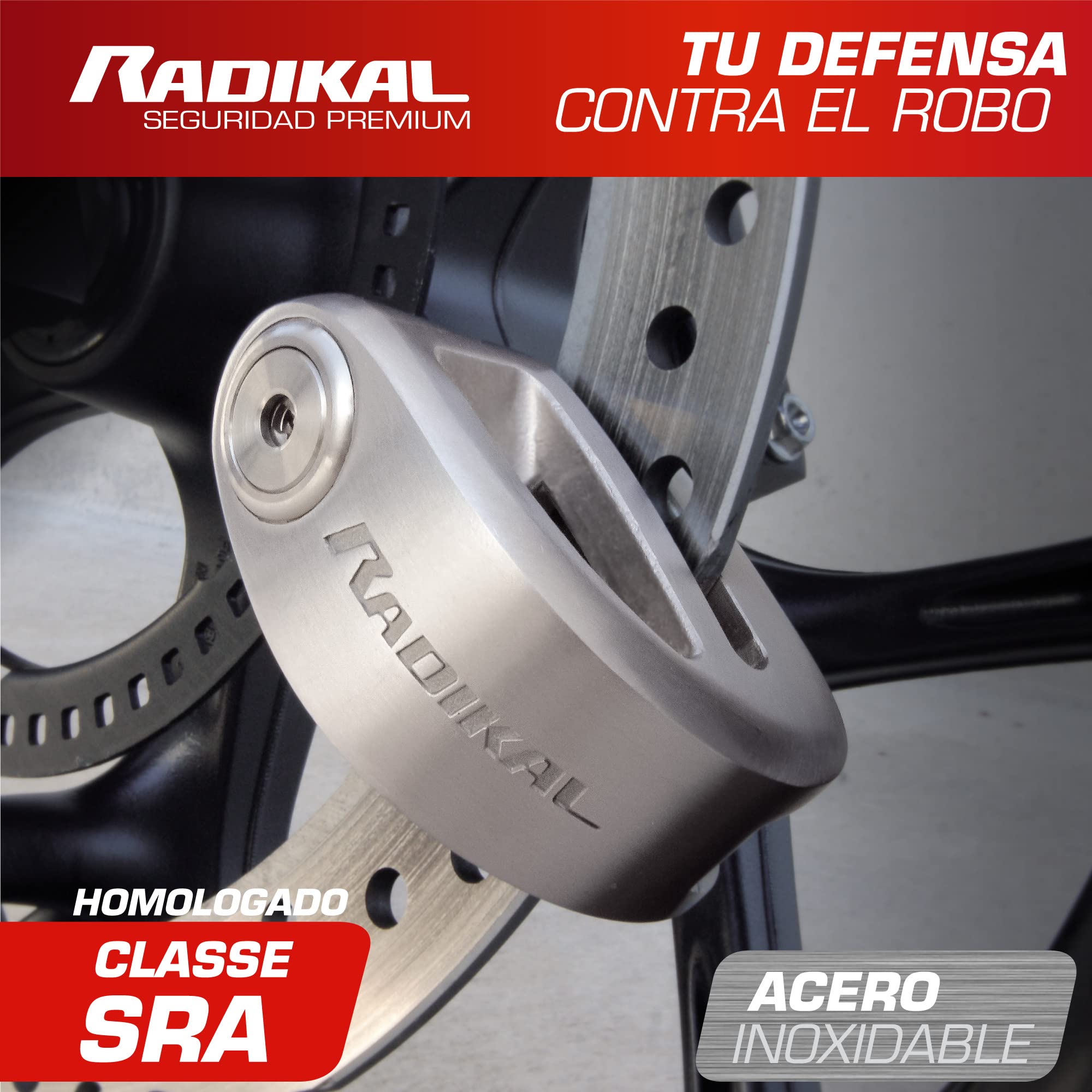 RADIKAL RK310S Candado Moto Premium, Antirrobo Disco Homologado SRA, Testado Doble Bloqueo ø10mm, Exclusivo Diseño Doble Puente, Cerradura Alta Seguridad, Acero Inoxidable, Cepo Pinza Motos y Scooter