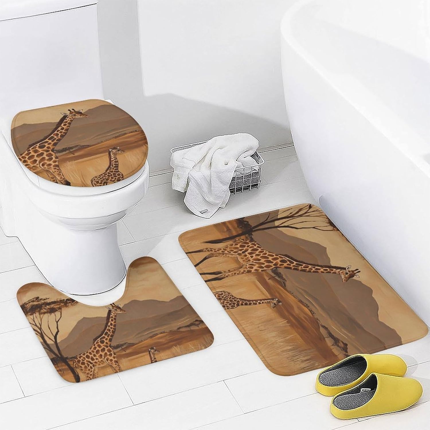 Giraffes in an African Modern Bathroom Sets with Shower Curtain and Rugs Decor 4 Pcs with 12 Hooks