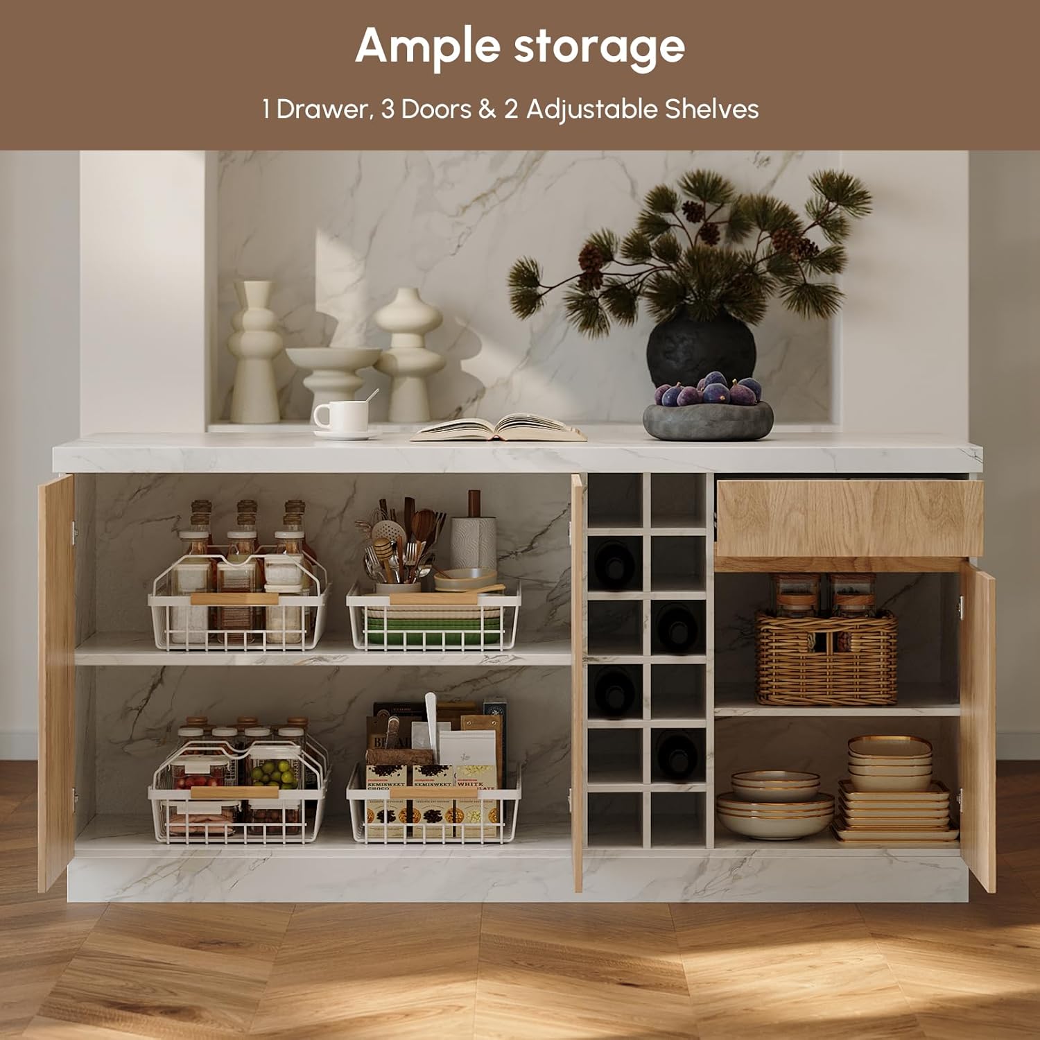 homary 72'' Kitchen Island with Storage Japandi Style White Island Table with Wine Rack & Built-in LED Light