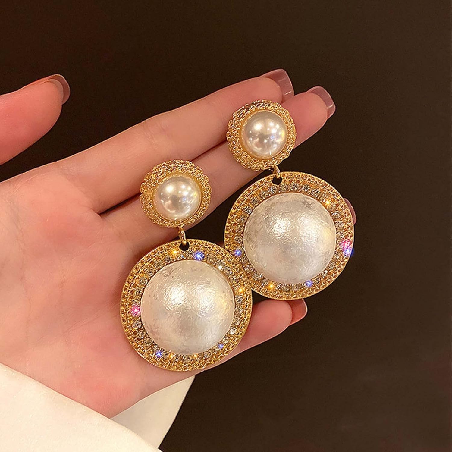 Yienate Crystal Pearl Drop Earrings Studs Large Faux Pearl Hemispherical Dangle Earrings Vintage Bridal Ball Pearl Earring Gold Sparkly Crystal Prom Earrings Jewelry Gift for Women Girls - Image 5