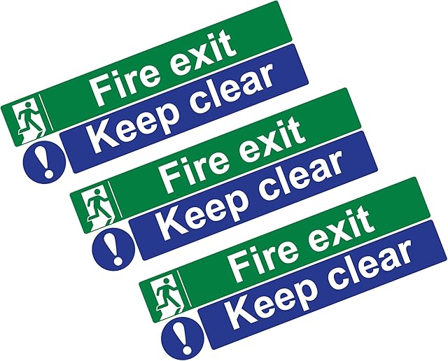 sticky Fire Exit Sign - 30cm x 10cm Ideal Sized Fire Exit Keep Clear Self Adhesive Vinyl Sign [Pack of 3]