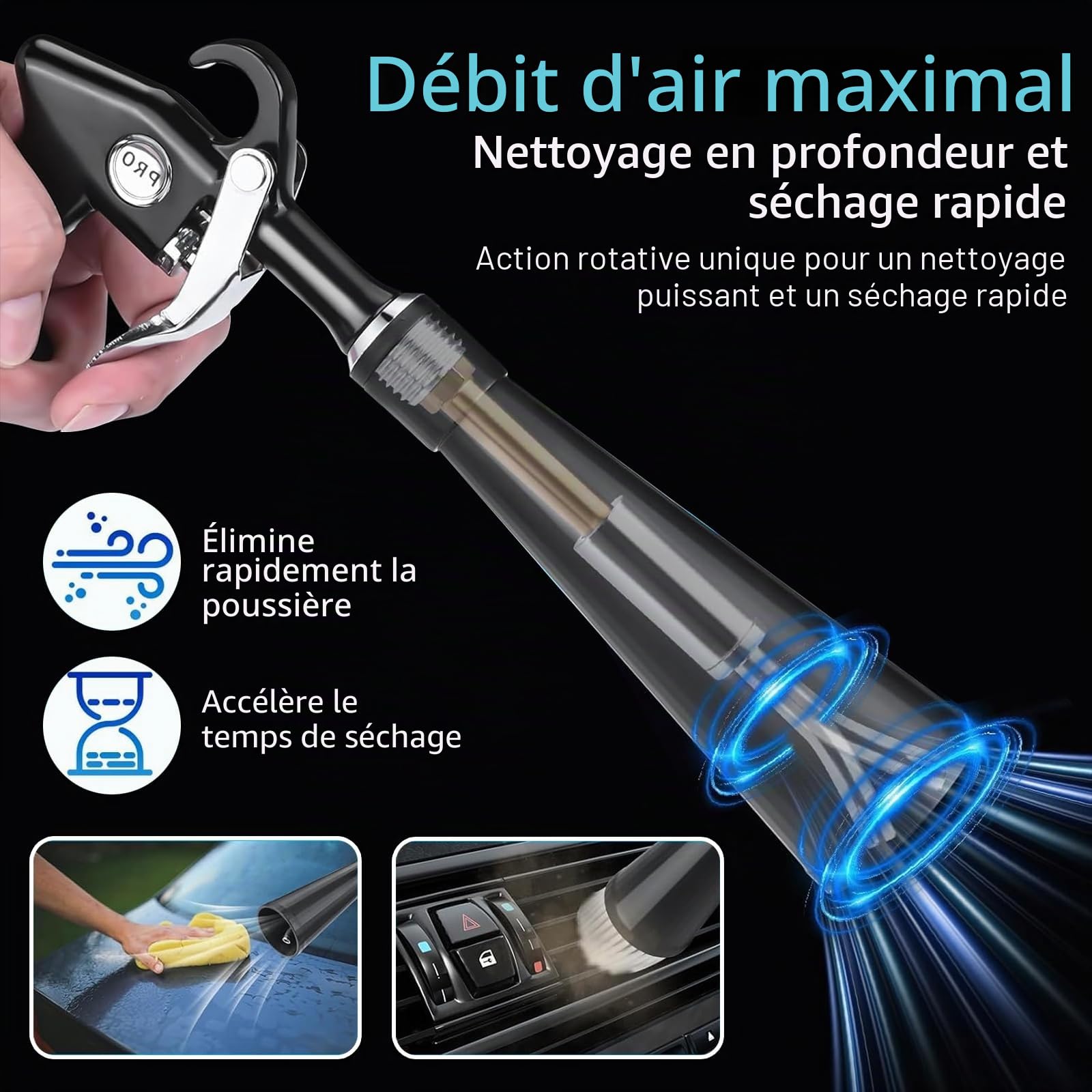 Pistolet de Nettoyage à Air Comprimé pour Auto - Souffleur Haute Pression avec 2 Buses pour Sécher et Nettoyer - Pour Sièges, Moteur, Jantes et Habitacle - Élimination Rapide de Saleté et Poussière