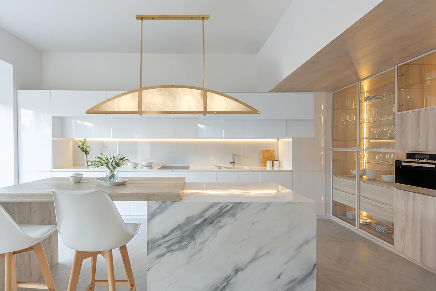 Savoy House 1-6219-4-322 Legacy Mid-Century Modern Natural Alabaster Linear Chandelier by Breegan Jane, 4-Light 240 Total Watts, 8" H x 46" L, Warm Brass