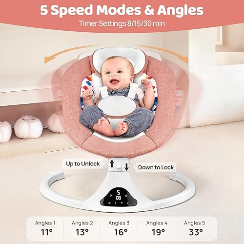 Miniatura 3 de Columpios de bebé para bebés, columpio infantil rosa con 5 velocidades, 12 melodías relajantes, Bluetooth y control remoto, columpio portátil para