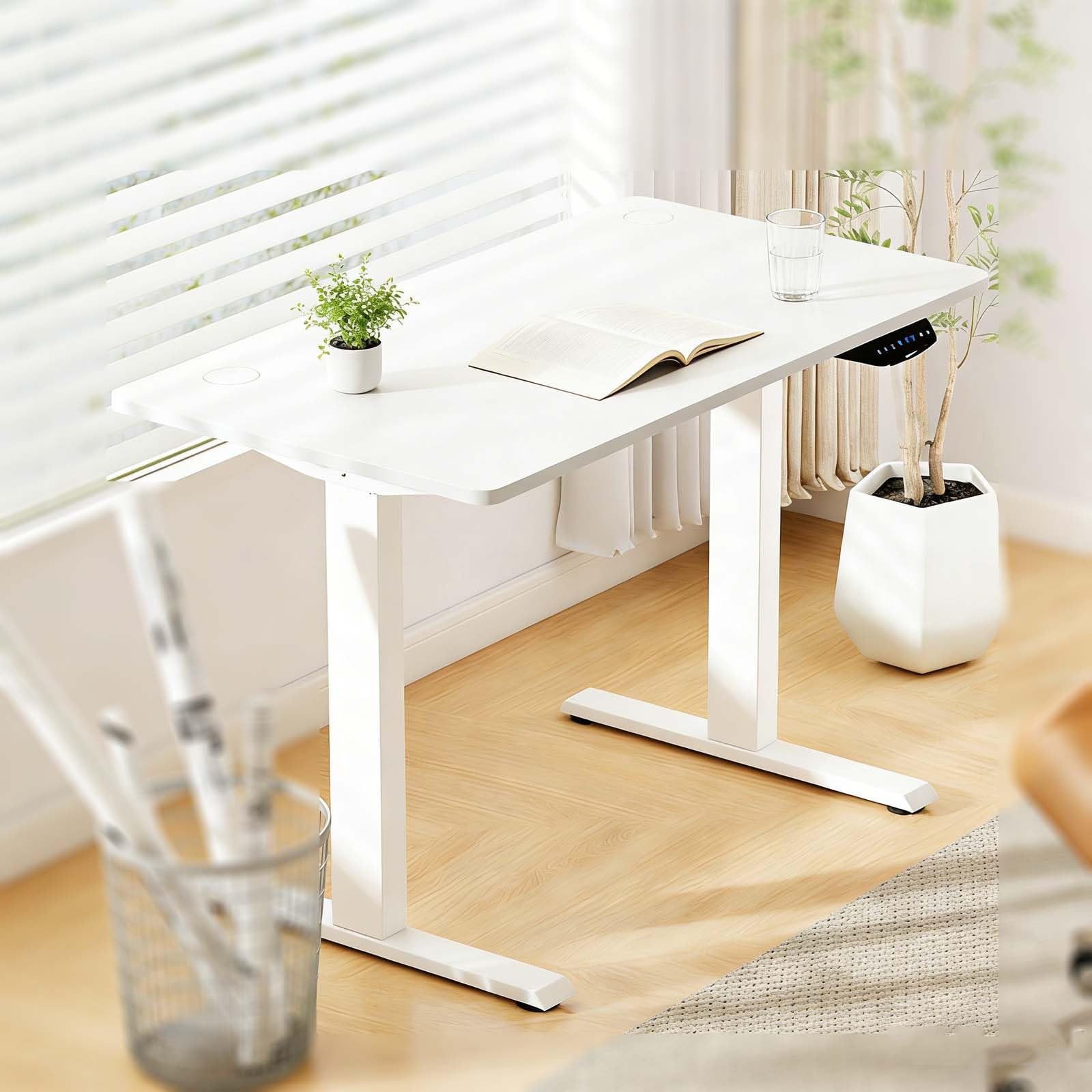 Adjustable Height Electric Standing Desk 48x24 Ergonomic Rise Table for Home Office - Modern White Workstation with Memory