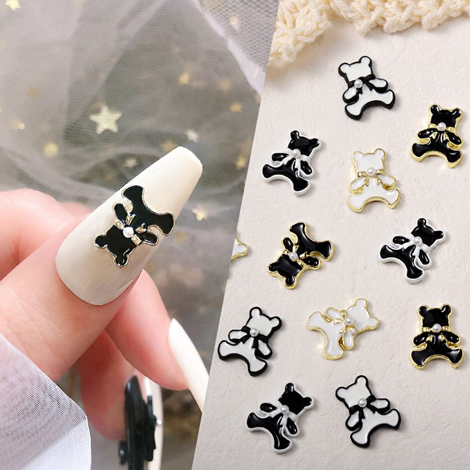 Bear Nail Charms 4 Styles Nail Art Charms 3D Black White Metal Nail Art Decoration, Nail Accessories for Women DIY Nail Designs Supplies (16Pcs)