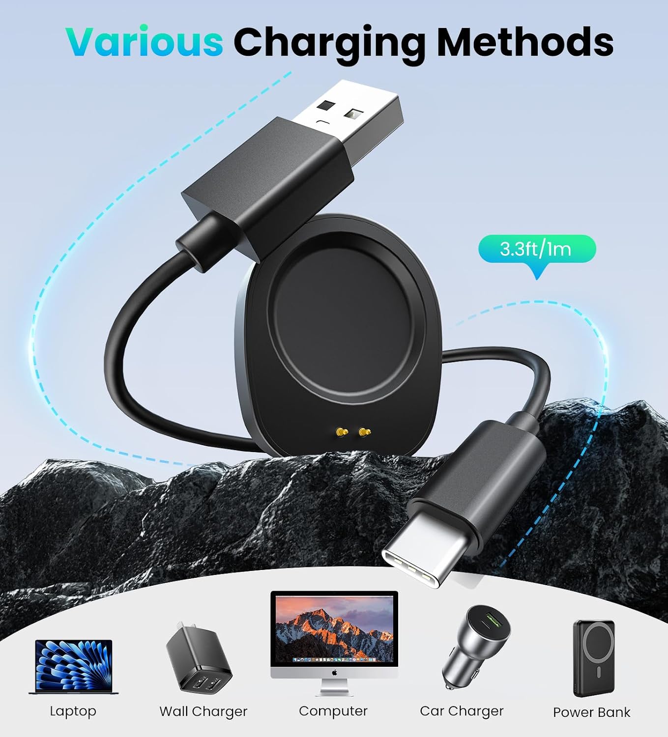 TiMOVO Dock Charger Compatible with Active Max/Amazfit T-Rex 3/Balance 2/Active 3 Helio Strap Fitness Tracker, 3.3ft/1m Magnetic Replacement Charging Stand, 2 Pack