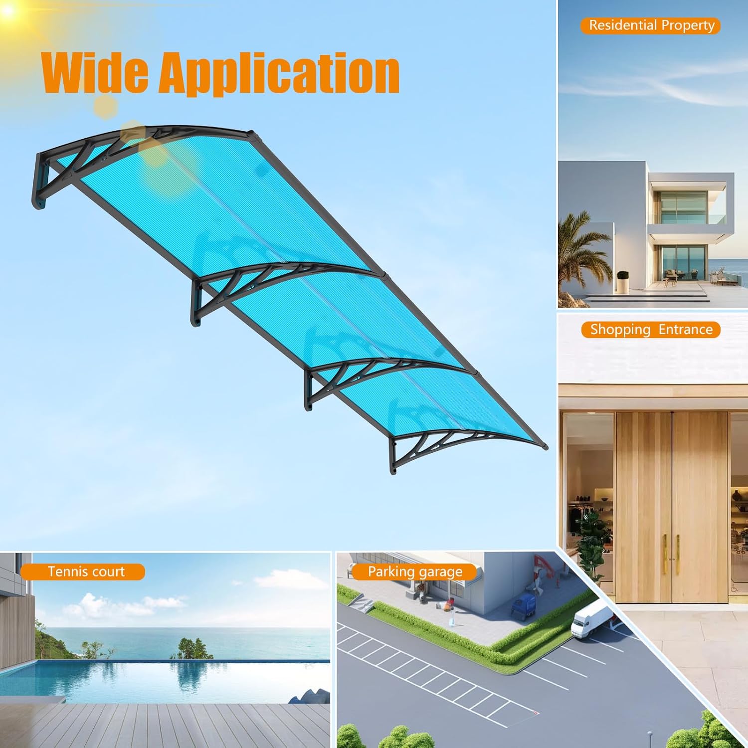 Window Awning Door Canopy 32"x48", Awnings for Doors Polycarbonate Cover Patio Door Awning UV Rain Snow Sunlight Protection Hollow Sheet,Black Bracket & Blue Board