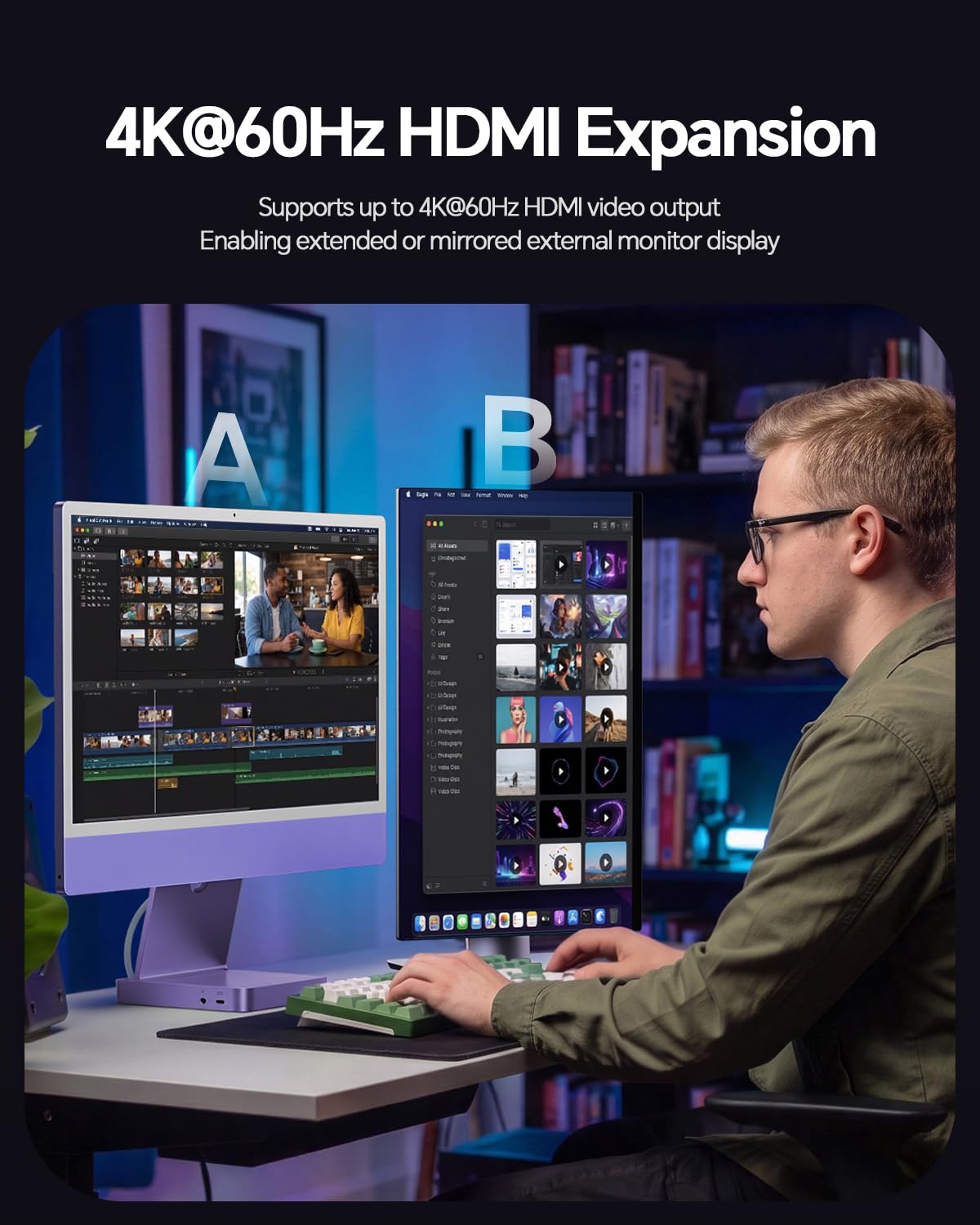 Hub USB-C per iMac 24" M1/M3/M4 con box esterno per SSD M.2 NVMe da 4 TB | PULWTOP hub USB C per iMac da 24" 2021-2024 con HDMI 4K a 60 Hz, 2,5 GbE, USB A/C 3.2 10 Gbit/s, SD/TF, audio - Viola
