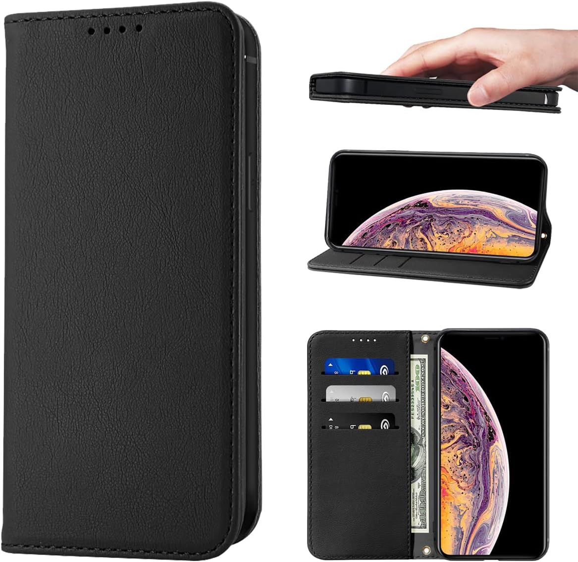 Wallet Case for iPhone X/XS Phone Cases Premium Leather PU Flip Cover Magnetic Shockproof Closure Book Design with Kickstand Feature & Card Slots iPhone X/XS Case - Black