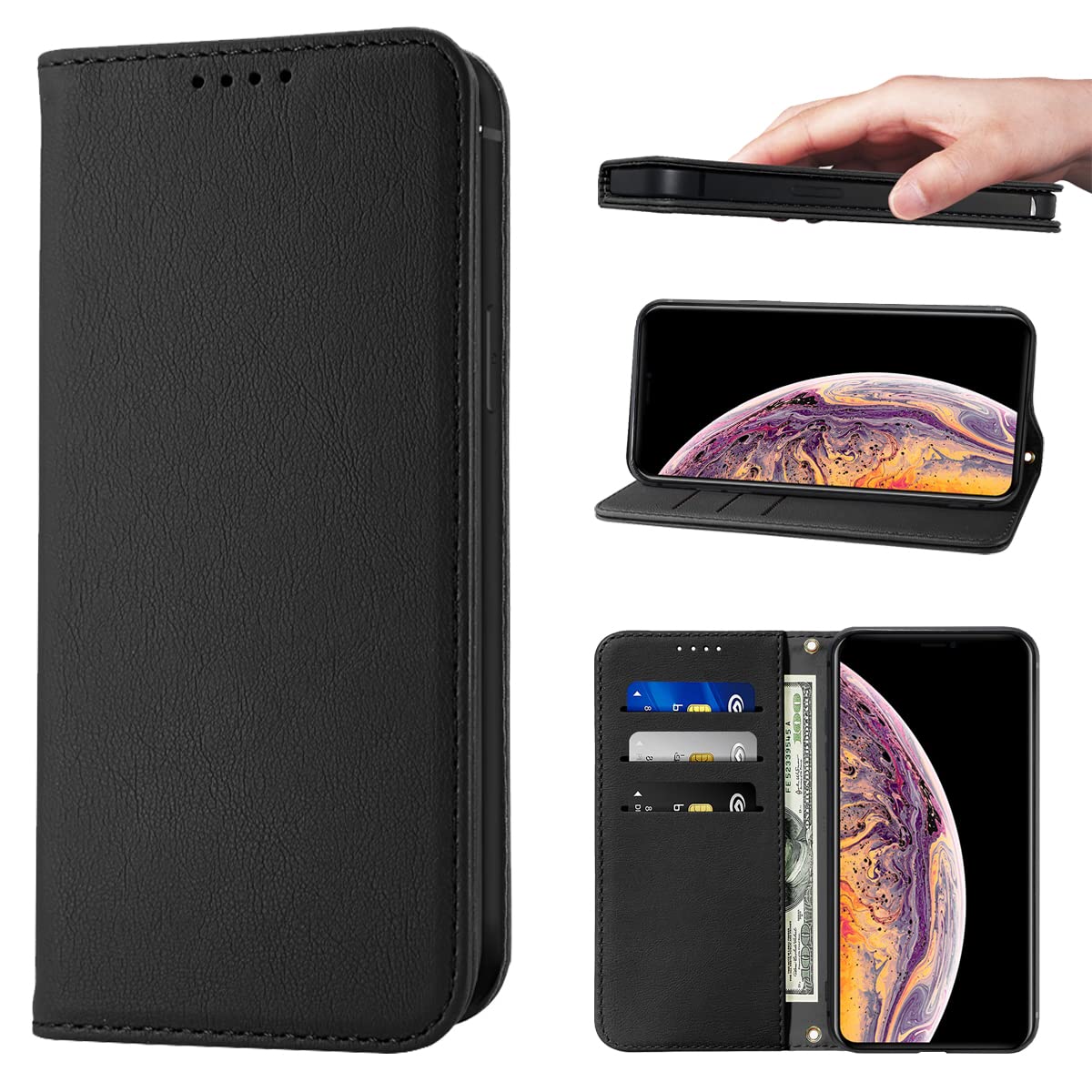 Wallet Case for iPhone X/XS Phone Cases Premium Leather PU Flip Cover Magnetic Shockproof Closure Book Design with Kickstand Feature & Card Slots iPhone X/XS Case - Black