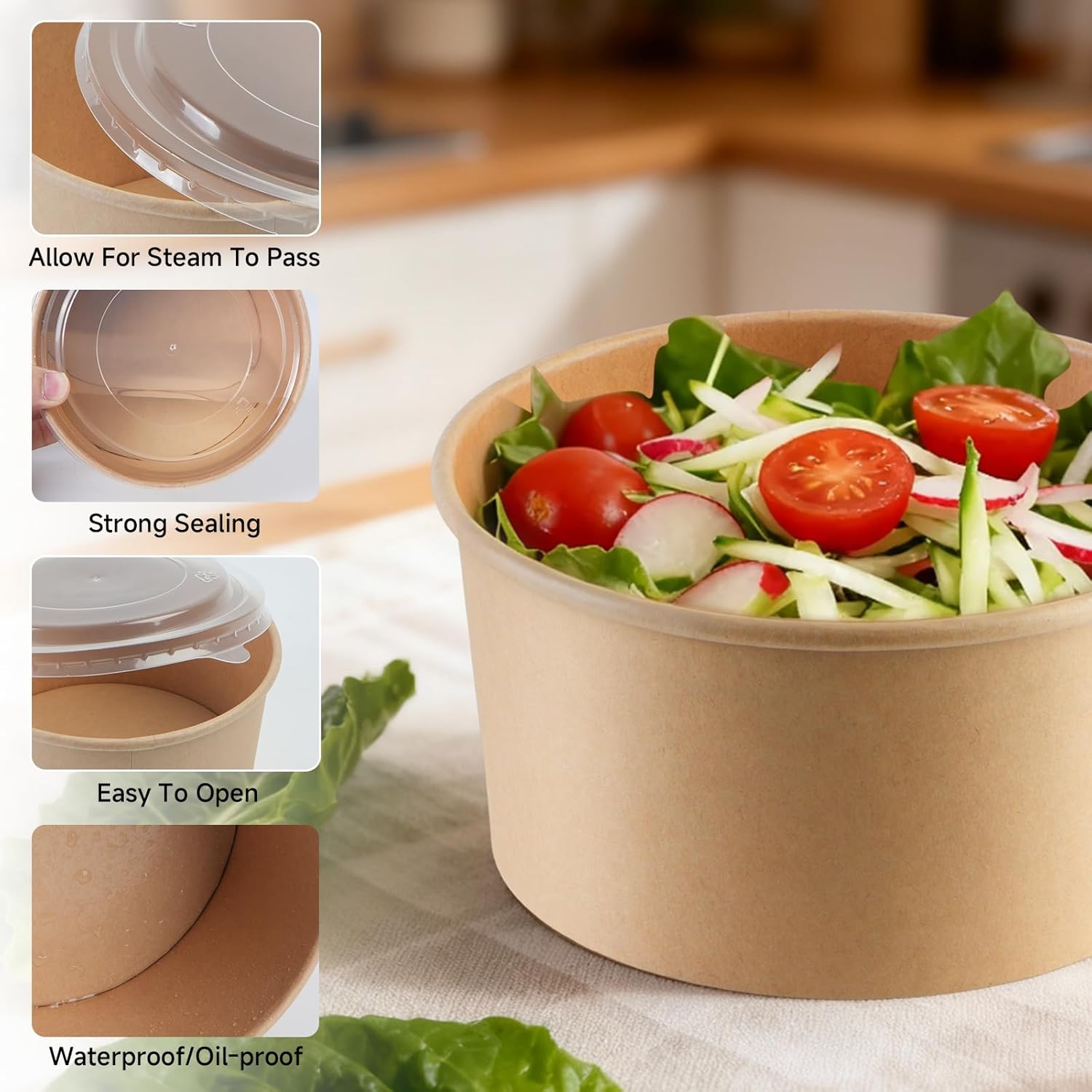 25 oz Disposable Kraft Paper Bowls with Lids and Spoon, 48 Sets Meal Prep Containers, Leak Proof for Hot/Cold Soup, Salad, Ice Cream, Dessert, Food Bowls
