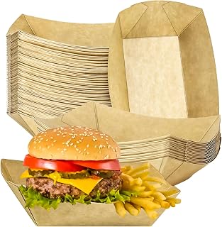MotBach 50 Pack 2.5lb Kraft Paper Food Trays, Disposable Paper Food Boat Heavy-Duty Food Serving Basket Tray for Snack Hot Dog French Fries Nachos Taco Popcorn BBQ Party Picnic Wedding Party
