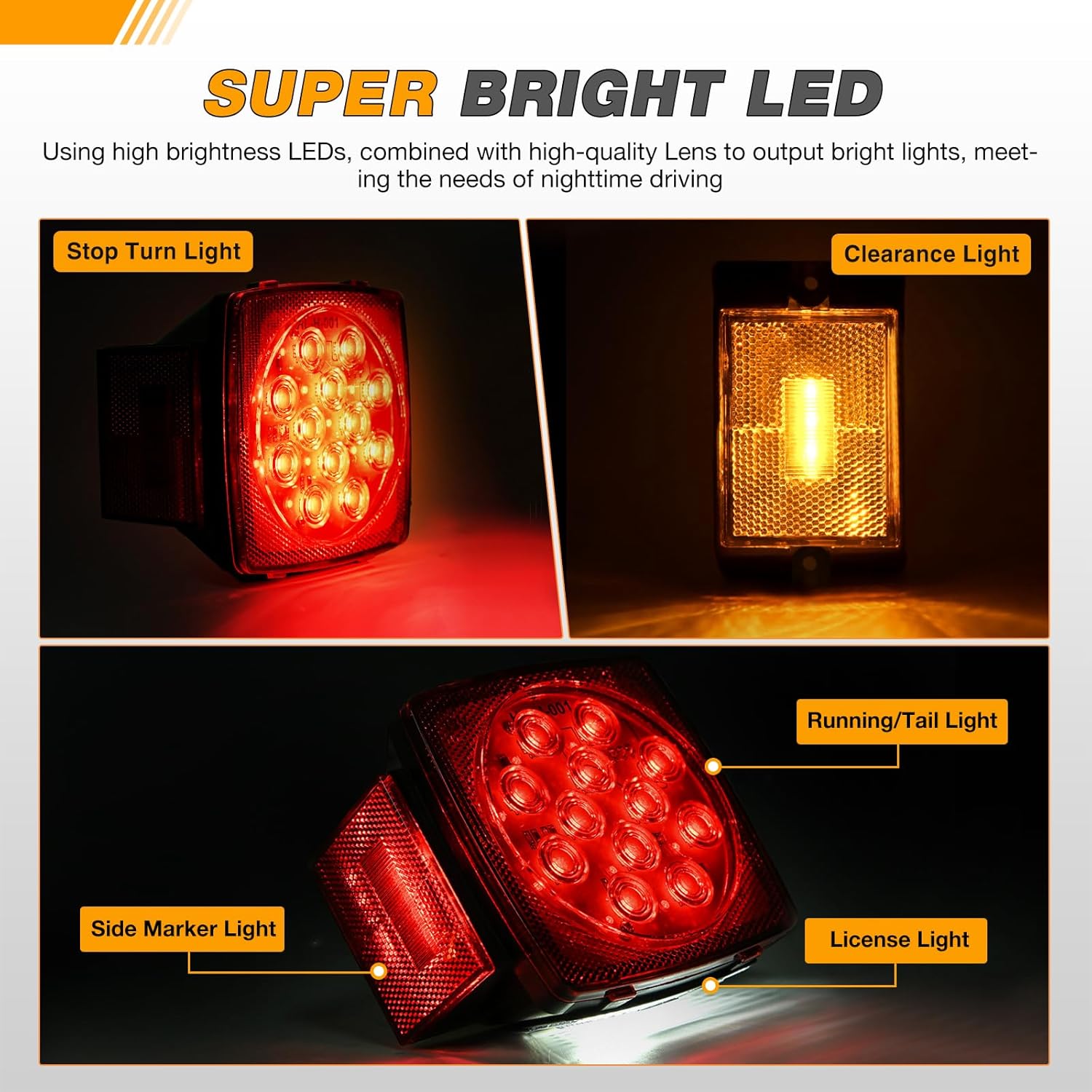 GOOACC Square LED Trailer Light Kit 2PCS Stop Brake Turn Signals Tail Side Marker License Plate Lights IP68 Submersible for 12V Boat Camper RV Truck Snowmobile